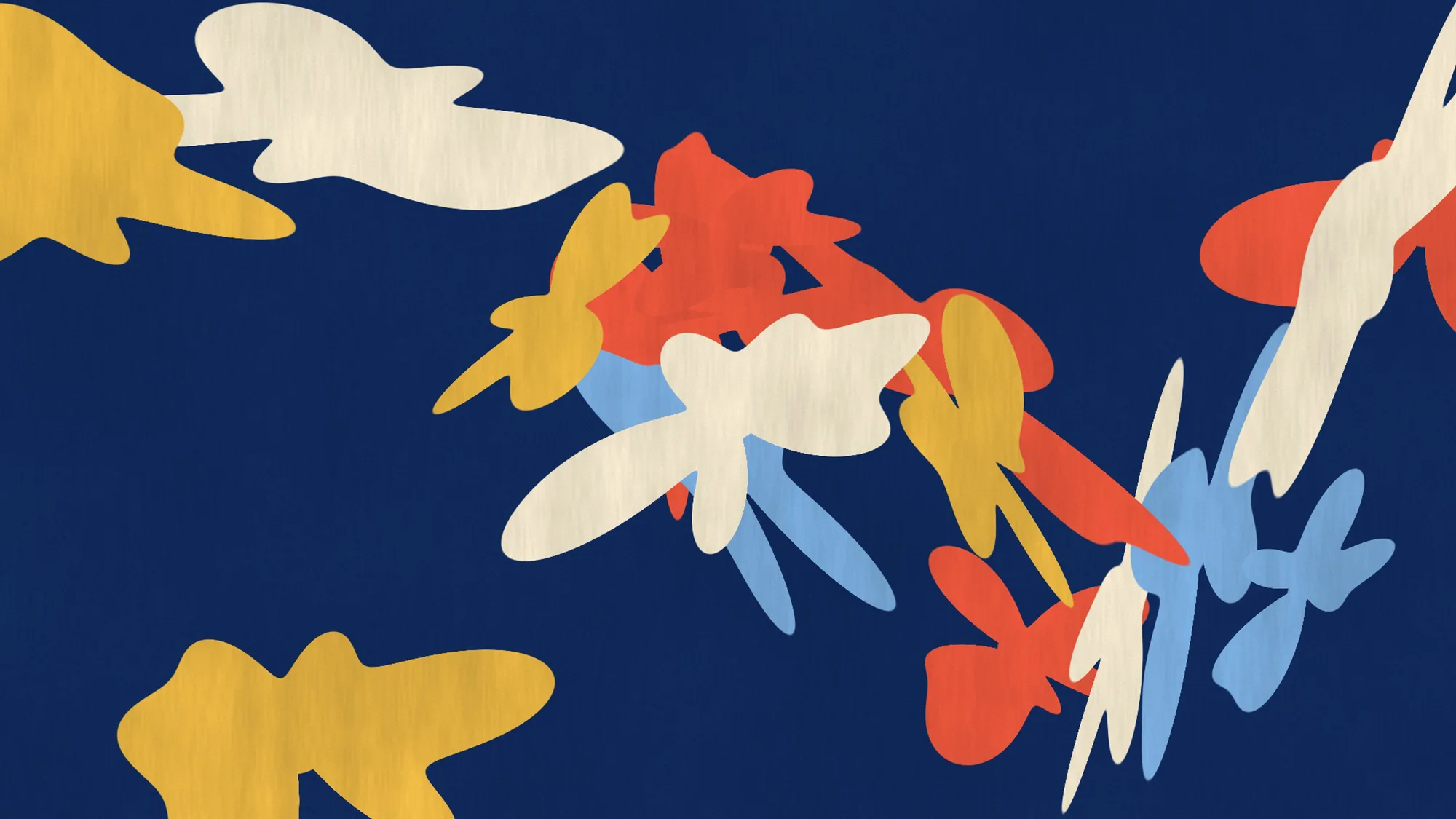 Cutout Garden: Lobed hand-cut gouache shapes in cream, coral and gold scattered across a deep ultramarine ground.