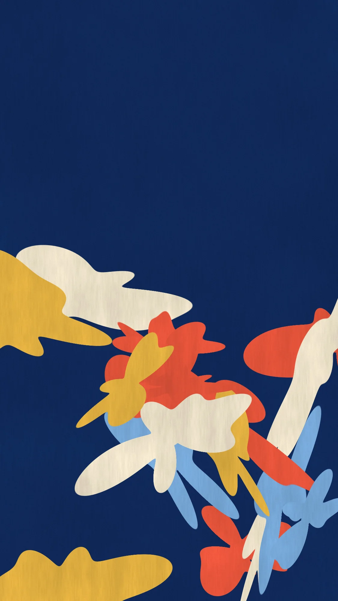 Cutout Garden: Lobed hand-cut gouache shapes in cream, coral and gold scattered across a deep ultramarine ground.