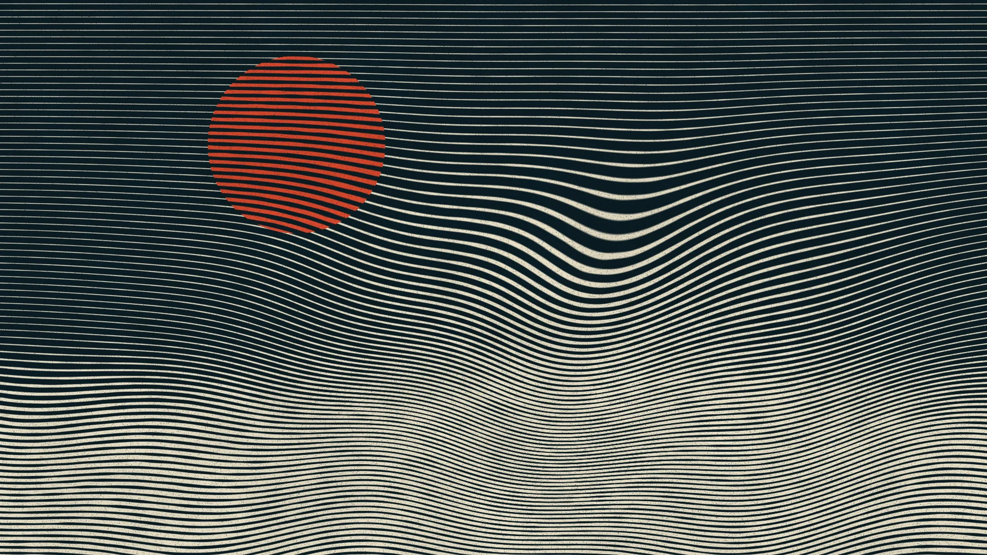 Linocut Wave: Carved parallel lines swell into a single rolling wave beneath a vermilion sun, printed cream on dark teal ink.