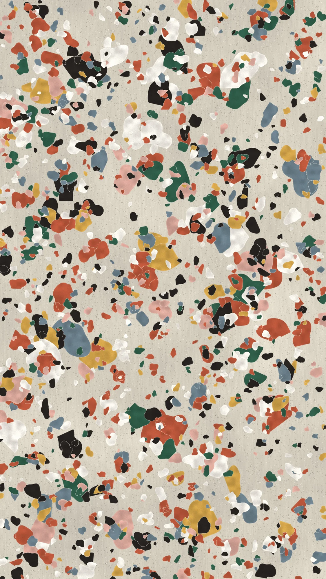 Terrazzo Chips: Close-up terrazzo with fractured terracotta, green, black and marble chips set in pale cement.