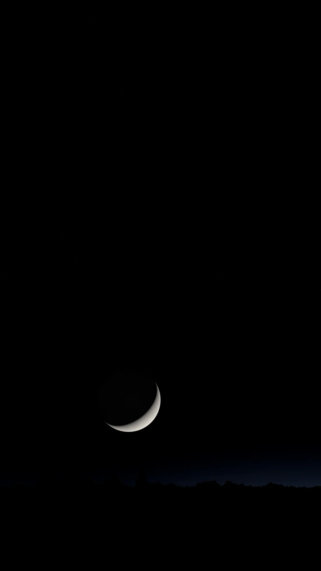 Crescent: A slim crescent moon with faint earthshine above a dark treeline and a thin band of twilight, the sky above left true black.