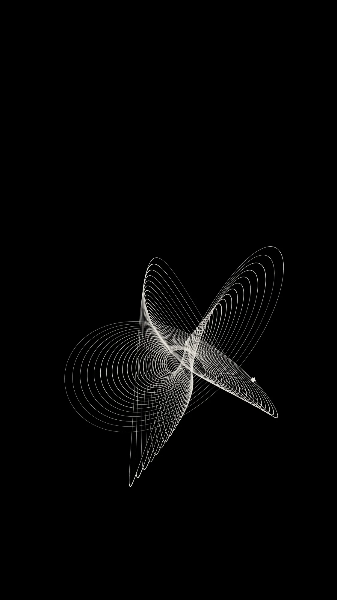 Harmonograph: One continuous white-pen harmonograph trace sits below the middle of the phone screen, its loops tightening as the pendulums lose energy and the ink pooling at every slow turn.