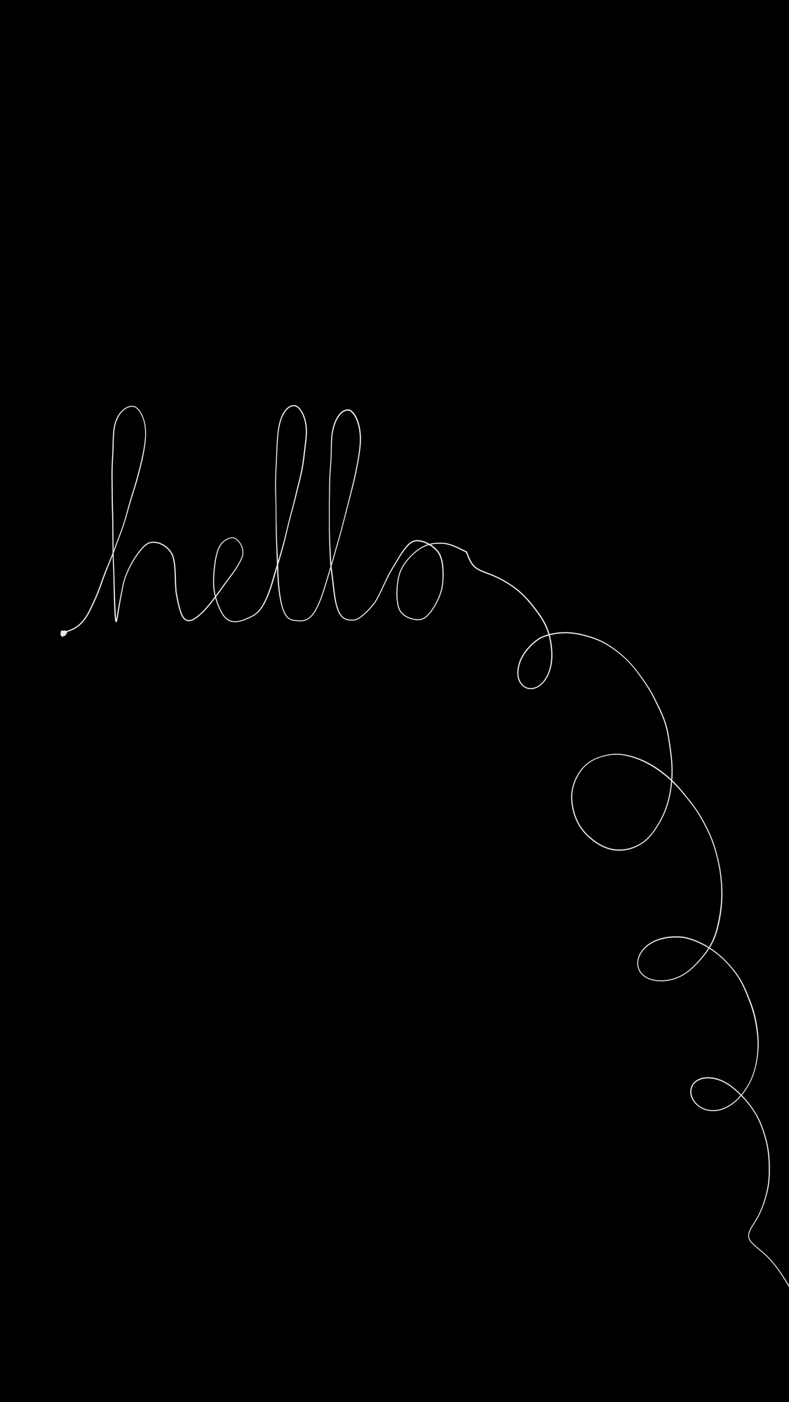 One Line: A white-pen "hello" in joined-up cursive near the top of the phone screen; the line never lifts, unwinding into looser loops that tumble down off the bottom.