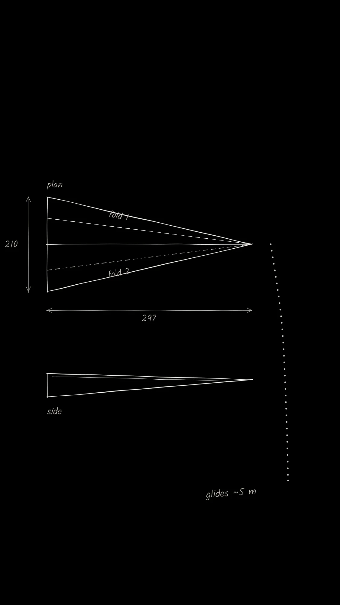 Paper Plane, Spec Sheet: A hand-drawn spec sheet for a paper plane: plan view above, side view below, folds dashed and dimensions pencilled in, in white pen on black.