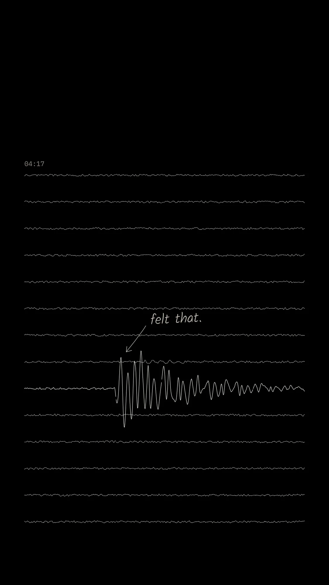 Seismograph: Helicorder-style rows of fine white trace fill the lower phone screen; one row erupts into a burst of large swings, annotated by hand.