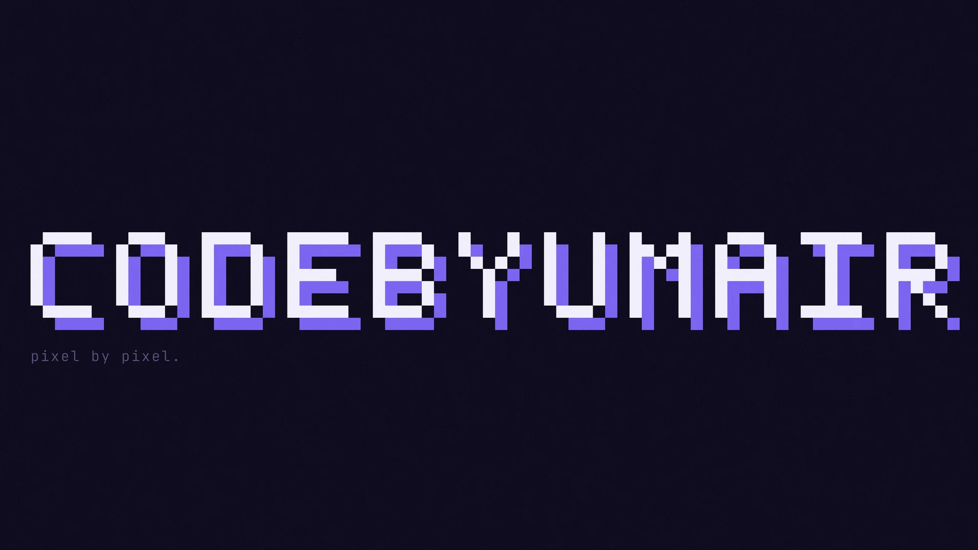 codebyumair Pixel: codebyumair in chunky pixel letters with a violet pixel shadow.
