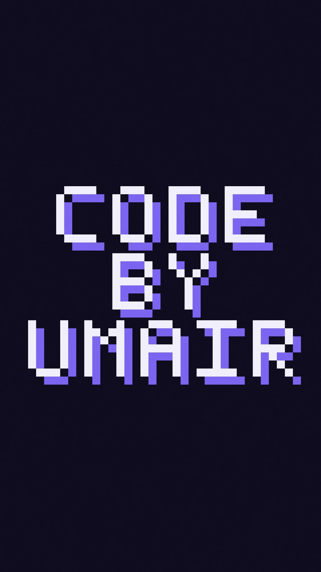 codebyumair Pixel: codebyumair in chunky pixel letters with a violet pixel shadow.