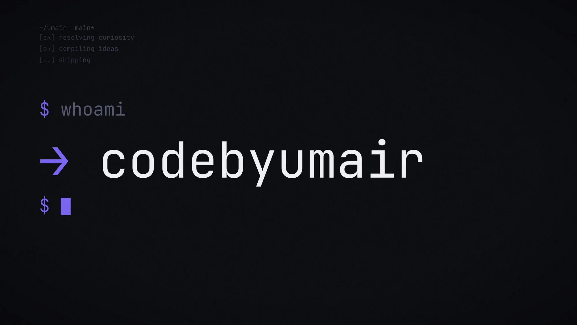 codebyumair Terminal: A terminal prompt answering whoami with codebyumair in monospace.