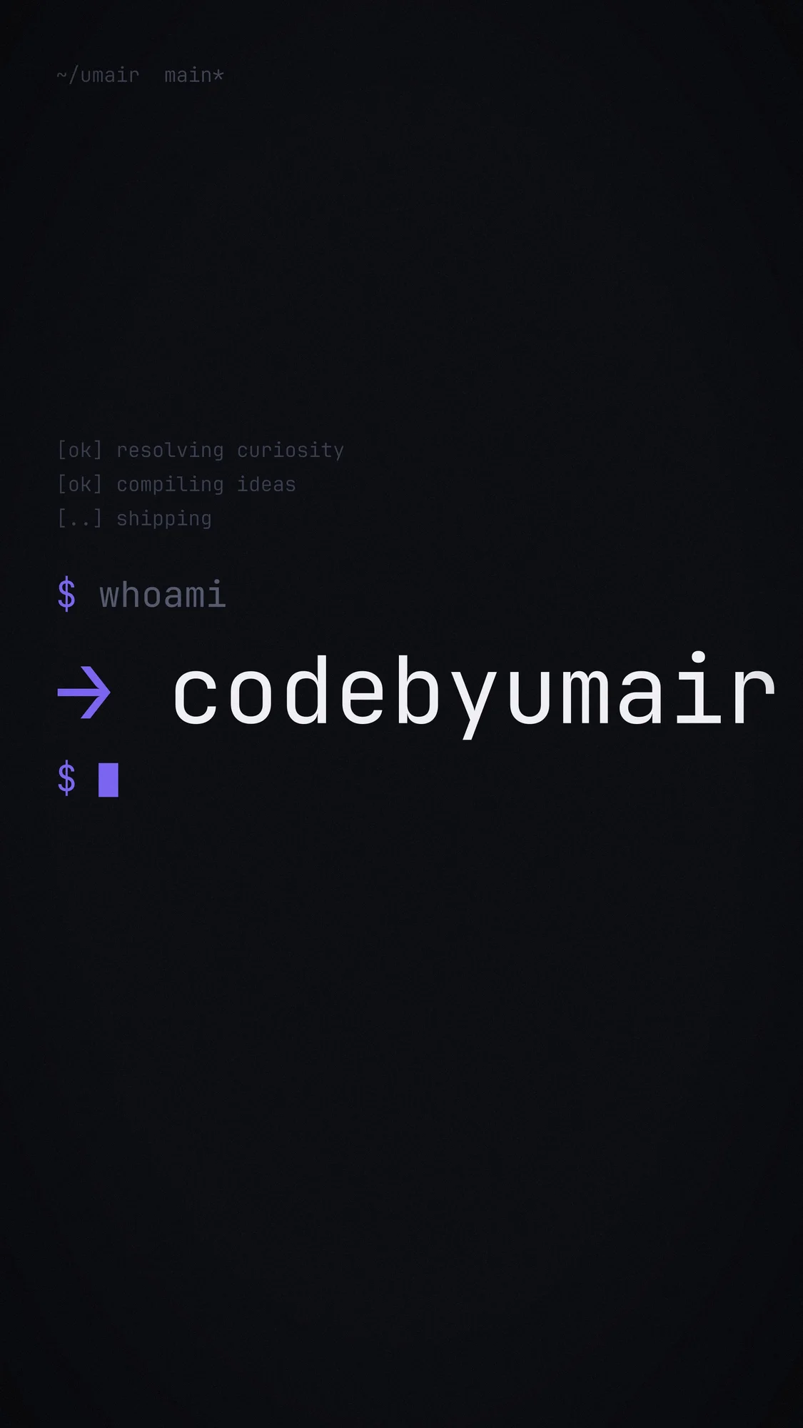 codebyumair Terminal: A terminal prompt answering whoami with codebyumair in monospace.