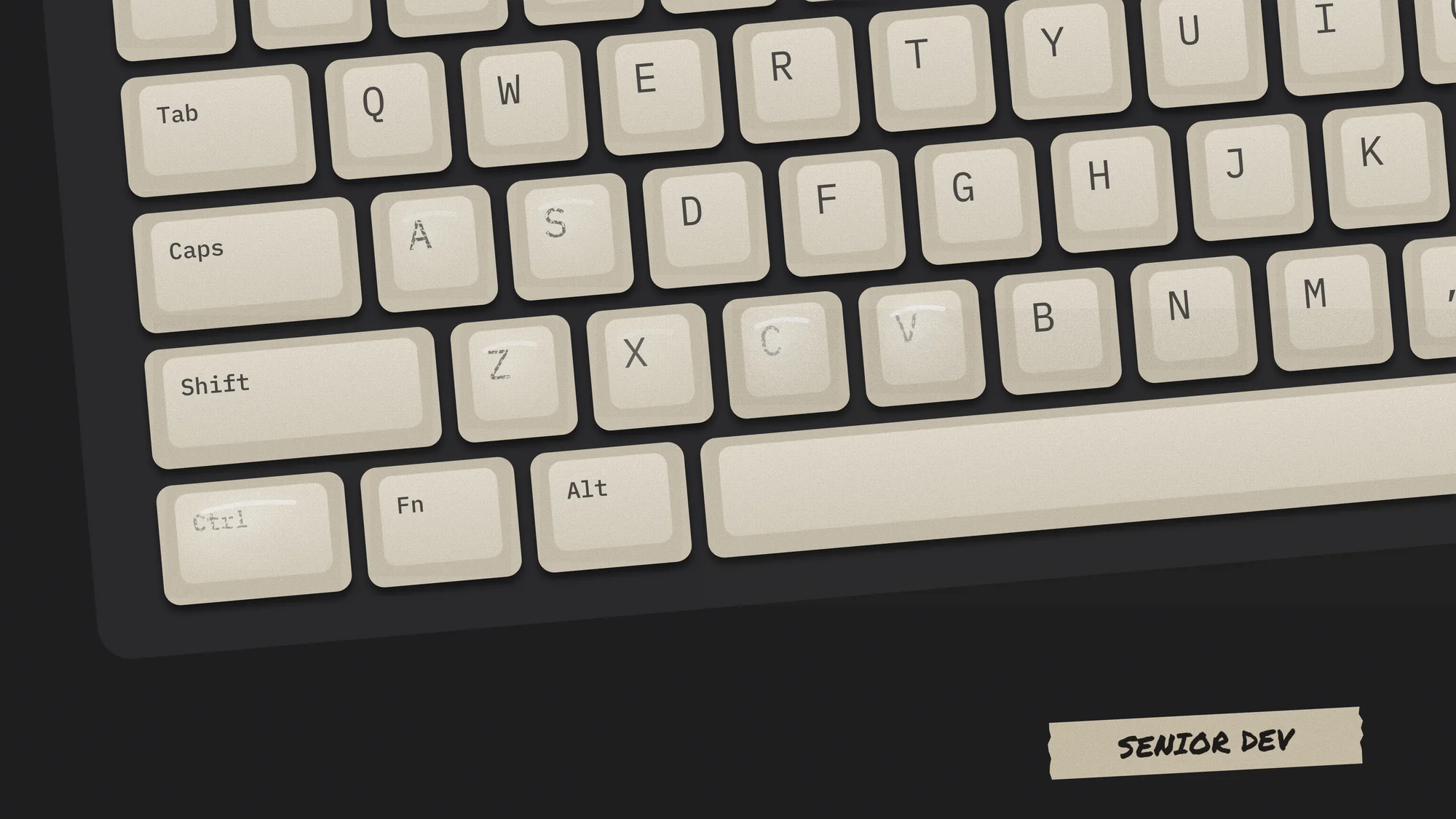 Worn Copy-Paste Keys: A close-up of a cream keyboard where Ctrl, C and V are polished smooth and their legends almost gone, with Z, A and S fading too. Taped label: SENIOR DEV.