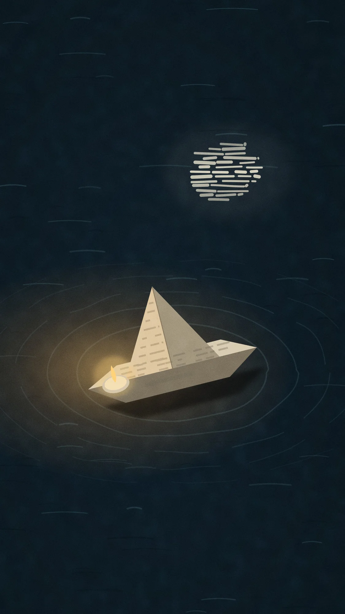 Paper Boat (Dark): The same paper boat at night carrying a tea light whose warm glow spreads across the water, with the moon broken up in the ripples. Recomposed for phone, with a calm area at the top for the clock.