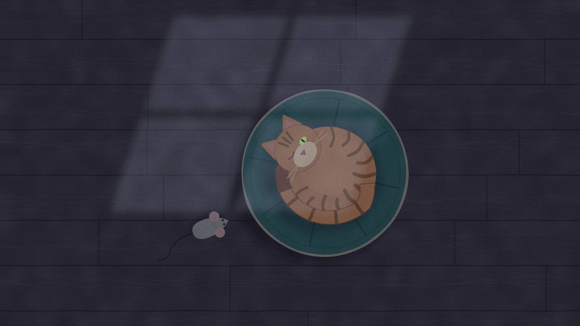 Cushion Cat (Dark): The same cat by moonlight with one green eye open, and the felt mouse has somehow moved right next to the cushion.