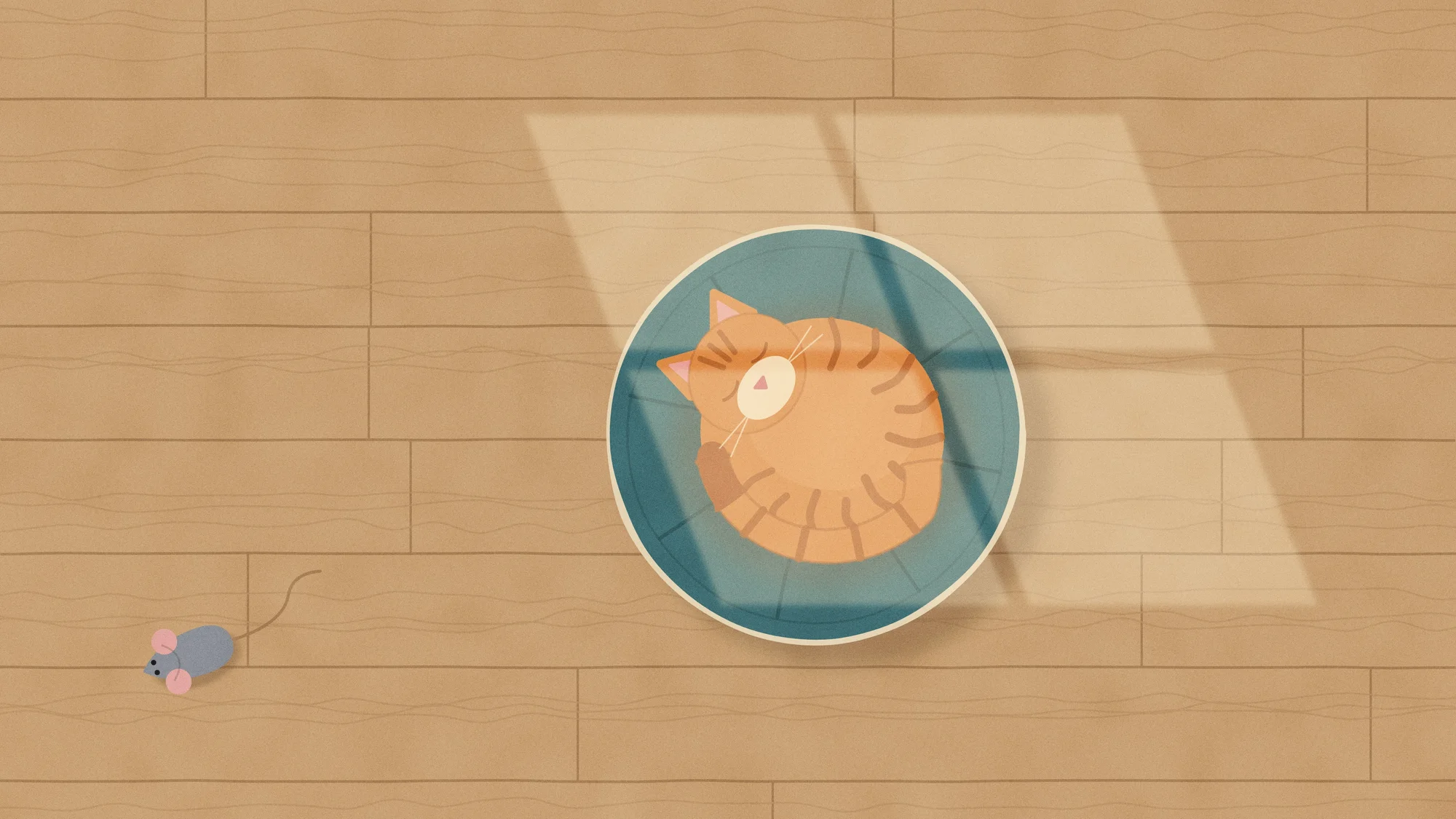 Cushion Cat (Light): A ginger tabby asleep on a tufted cushion seen from above, curled in a sunbeam, its toy mouse abandoned across the room.