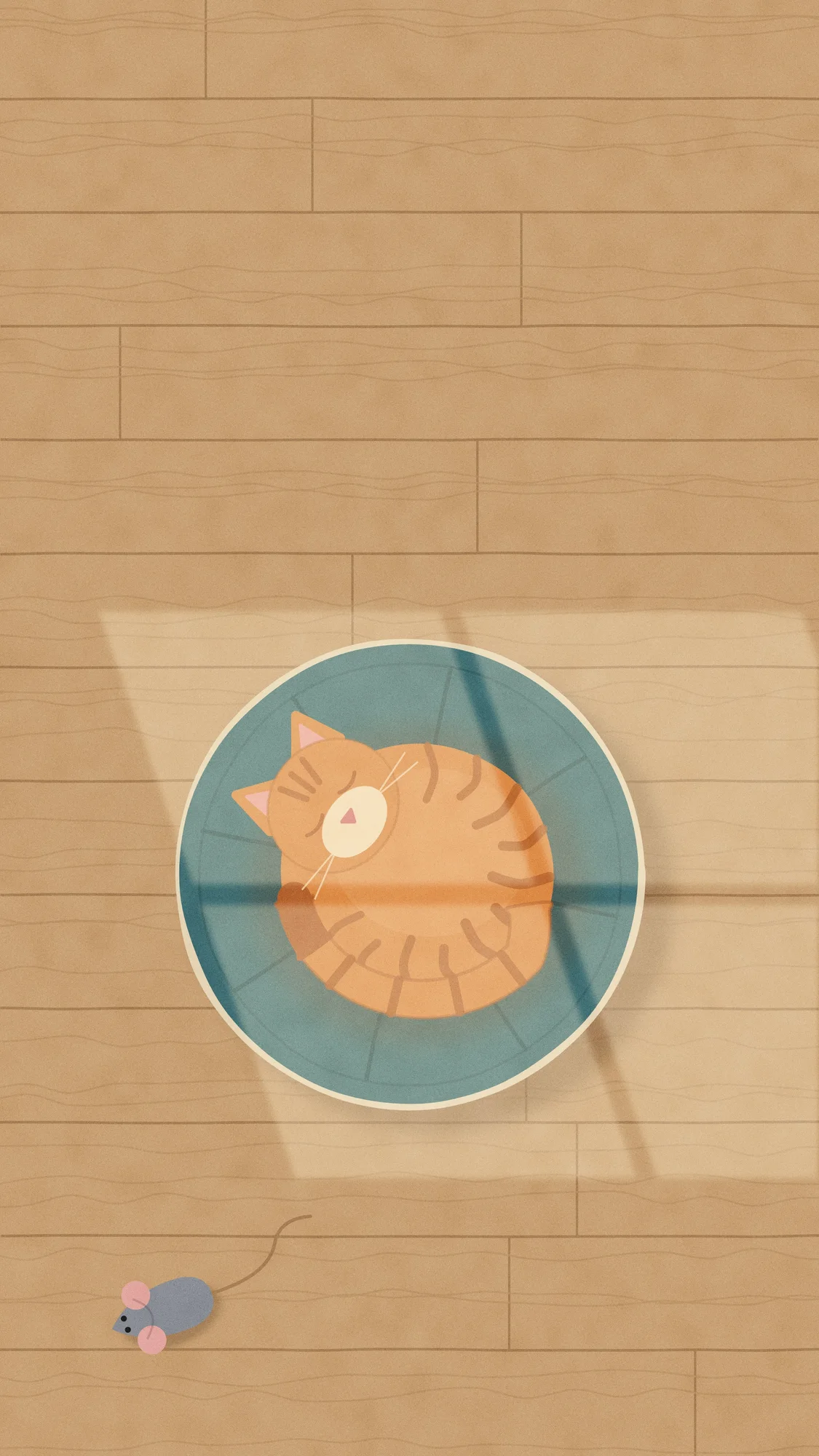 Cushion Cat (Light): A ginger tabby asleep on a tufted cushion seen from above, curled in a sunbeam, its toy mouse abandoned across the room. Recomposed for phone, with a calm area at the top for the clock.