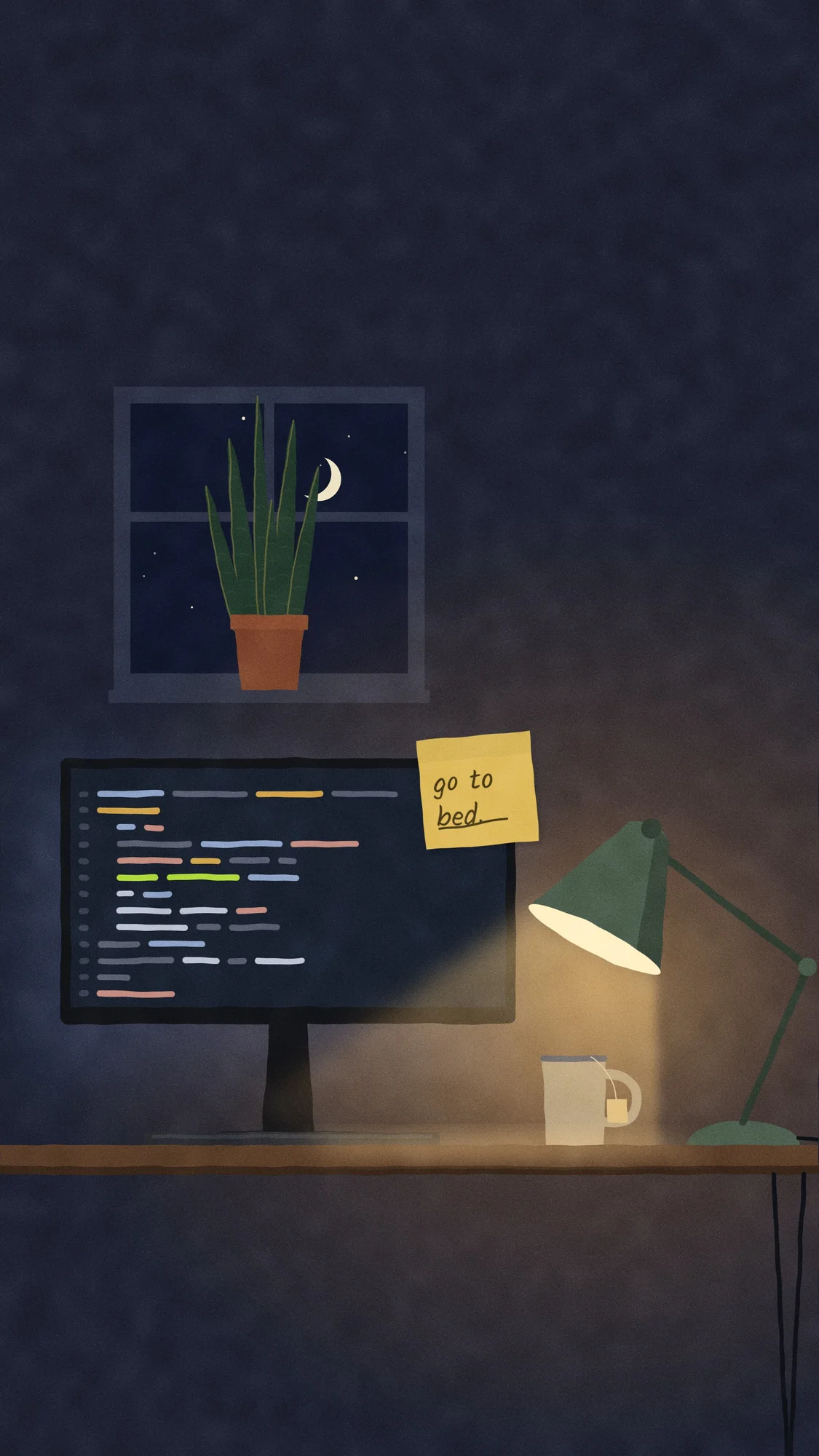 Desk Lamp (Dark): The same desk at night: lamp on, code glowing on the screen, tea instead of coffee and a new sticky note that says "go to bed." Recomposed for phone, with a calm area at the top for the clock.