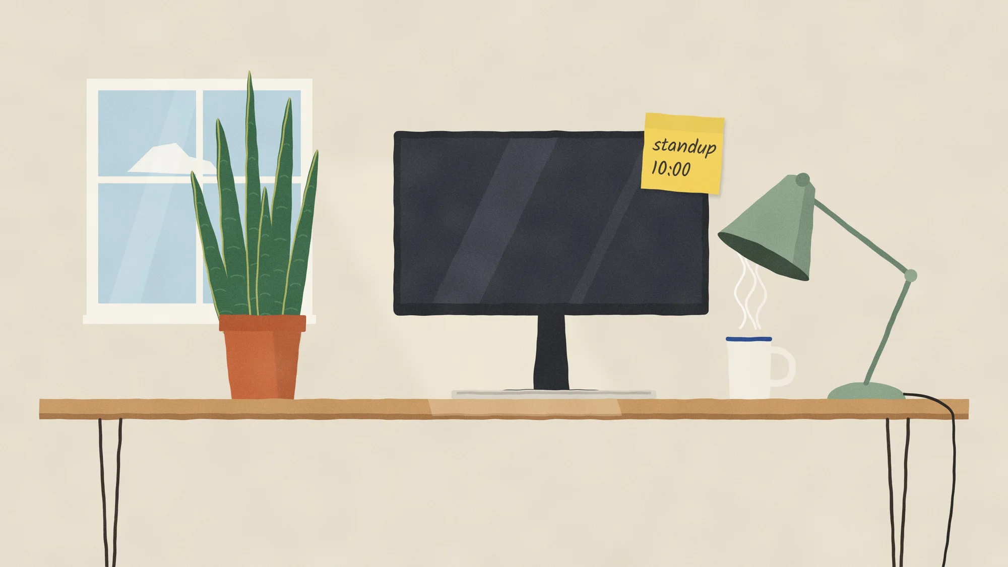 Desk Lamp (Light): A home-office desk by day: lamp off, coffee steaming, a snake plant by the window and a sticky note reading "standup 10:00".