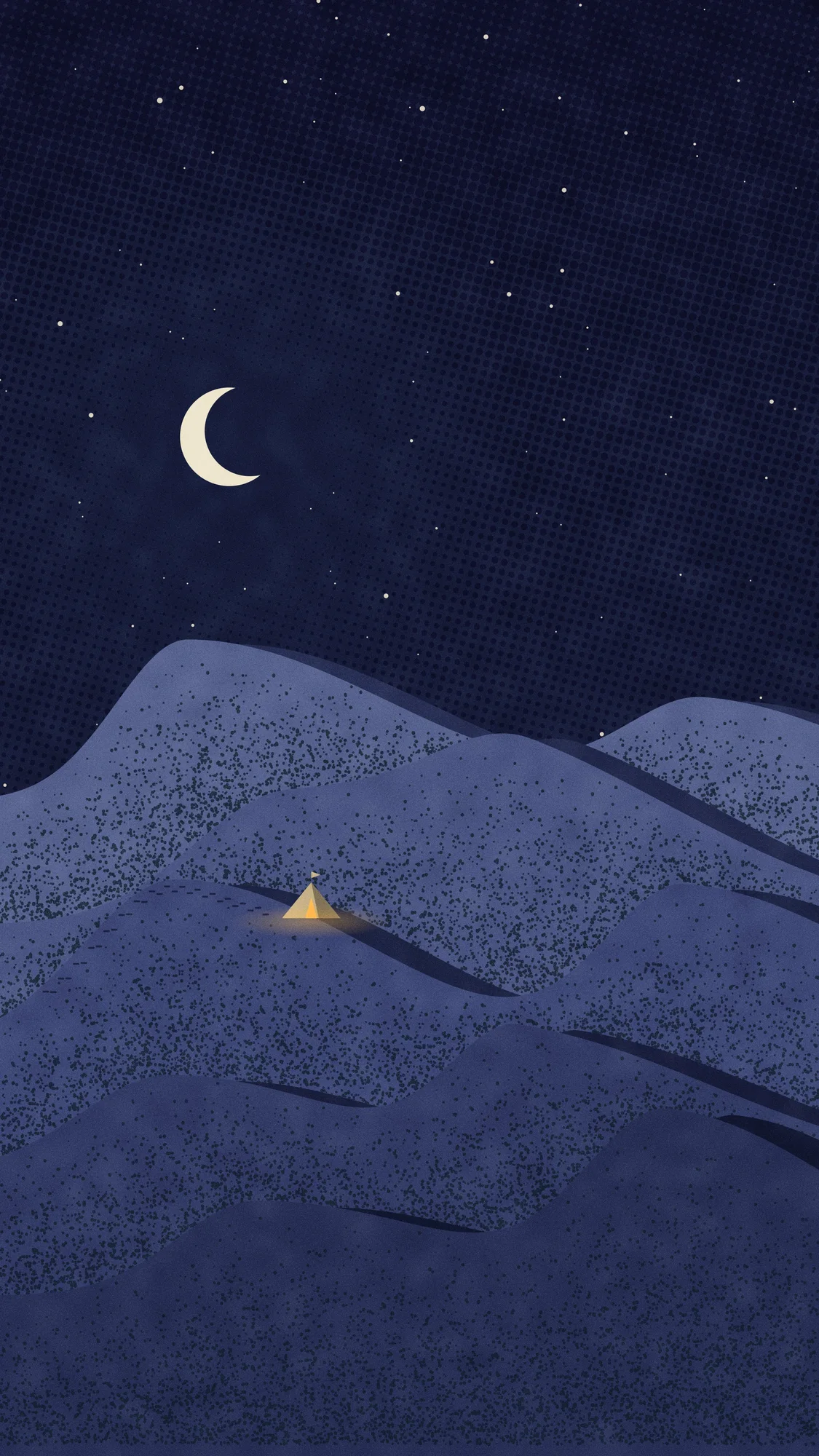 Riso Dunes (Dark): The same dunes under a crescent moon on the left, the shadows flipped to the other faces and the tent door glowing. Recomposed for phone, with a calm area at the top for the clock.