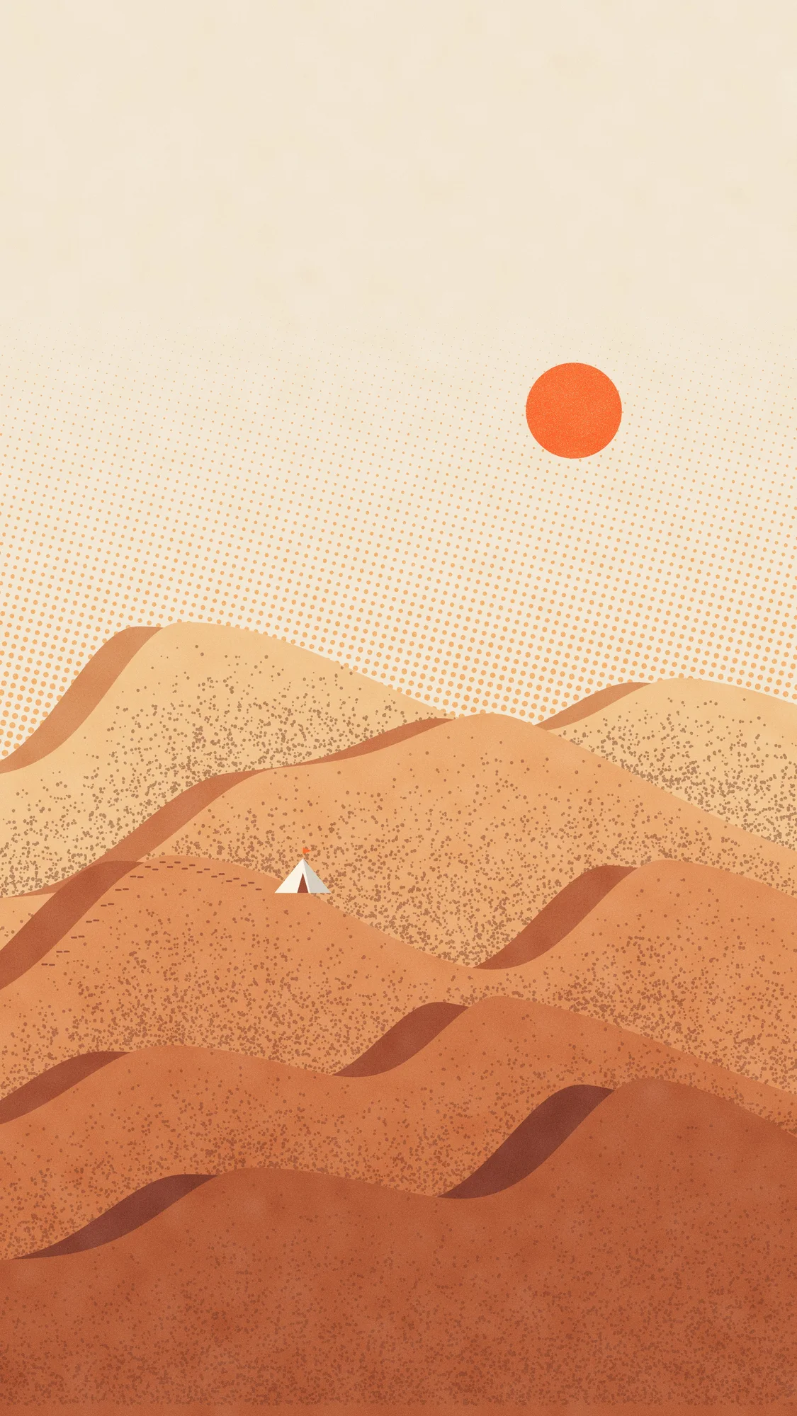 Riso Dunes (Light): Stippled risograph dunes at noon with the sun on the right, slip-face shadows to the left and a small tent on a ridge. Recomposed for phone, with a calm area at the top for the clock.