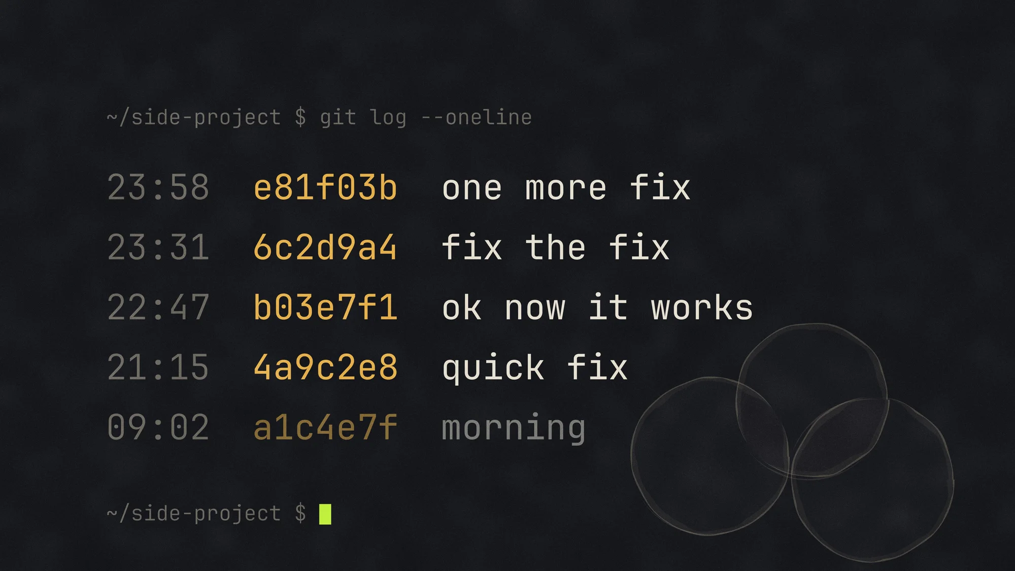 Git Log (Dark): The same git log at 23:58: "quick fix", "ok now it works", "fix the fix" and "one more fix" stacked above the morning commit, with three coffee rings.