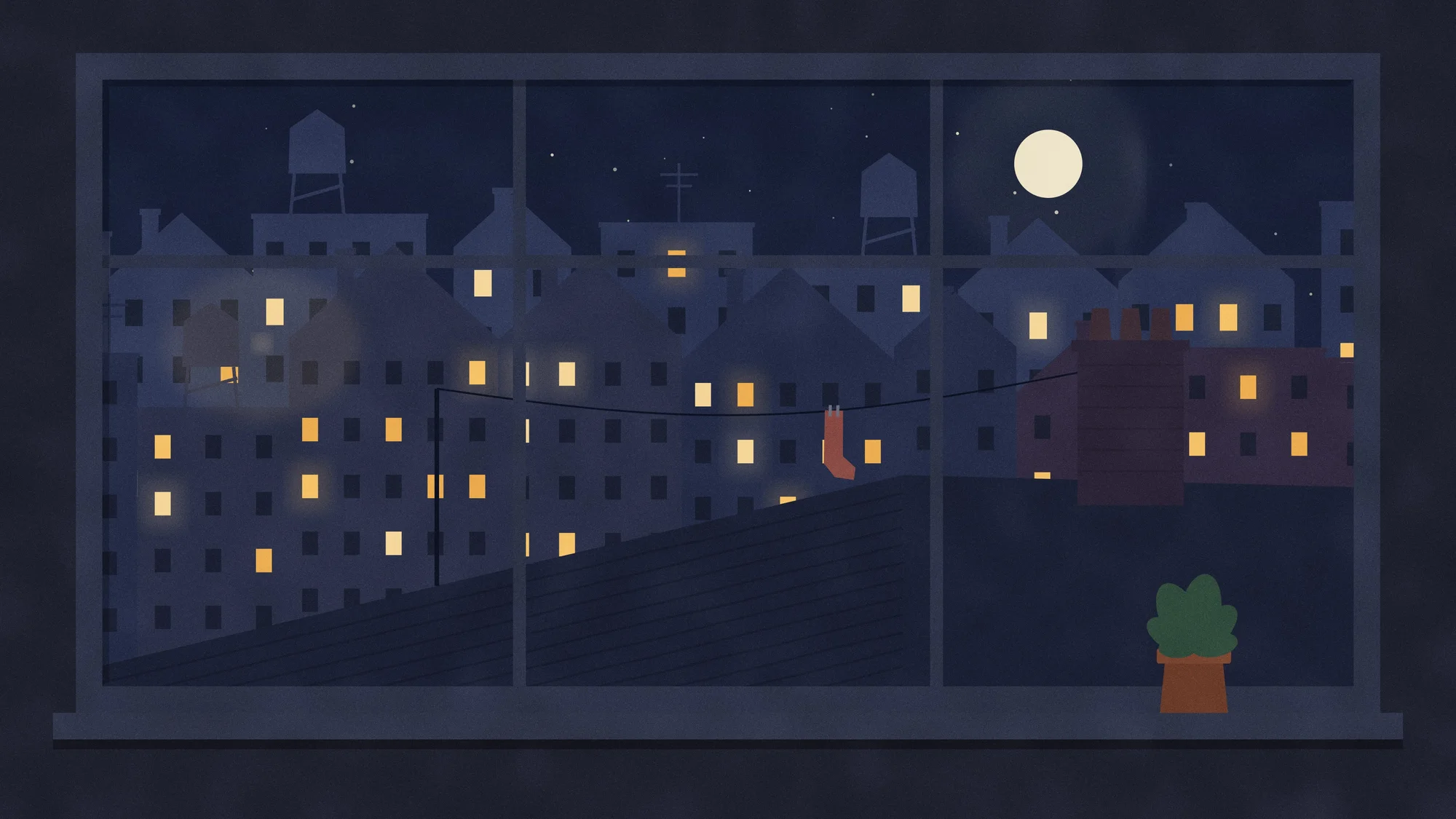 Window Rooftops (Dark): The same view at night: windows lit across the skyline, a full moon, and only one sock left on the line.