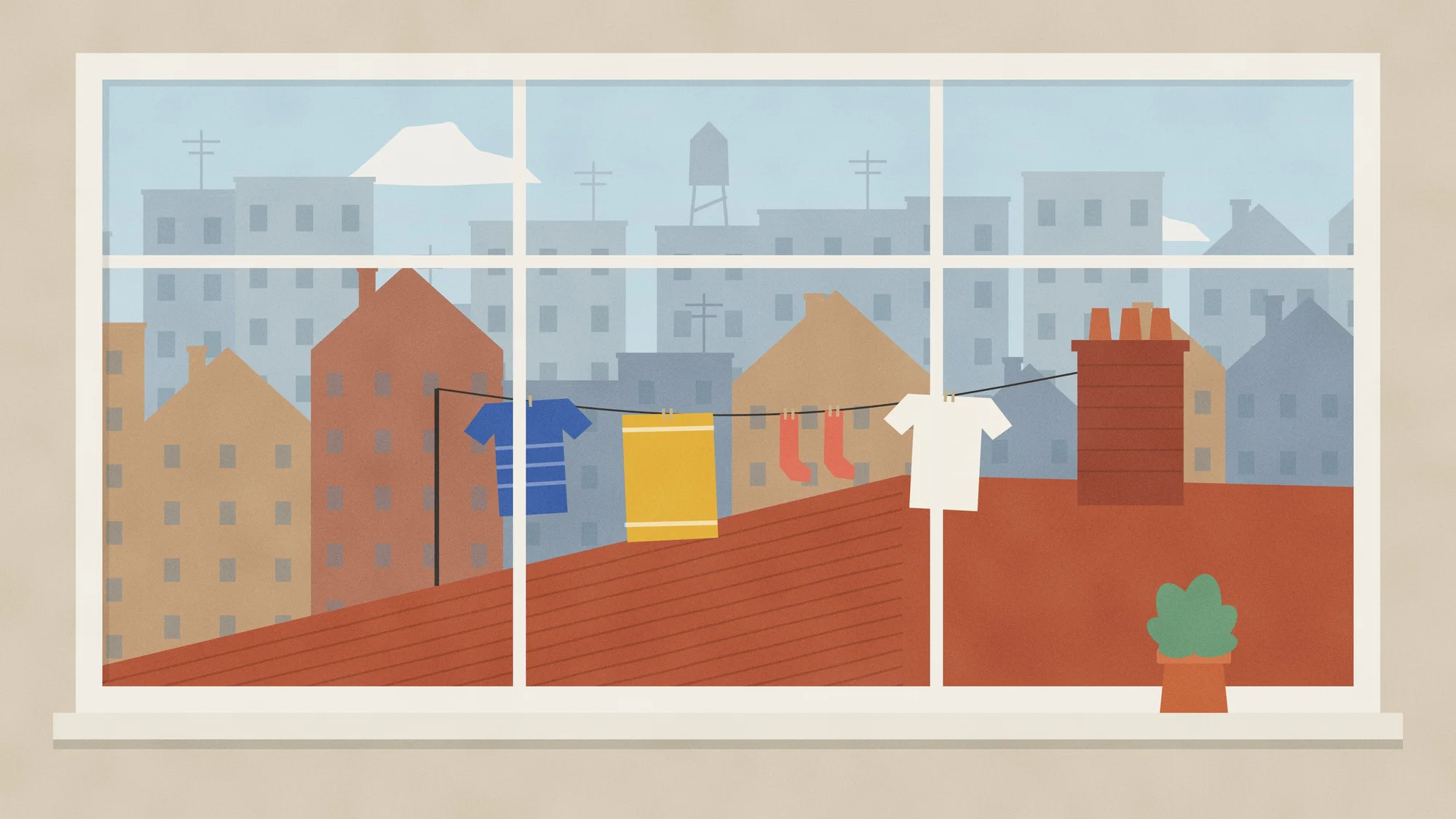 Window Rooftops (Light): An invented city of rooftops seen through a painted window: water towers, chimney pots and washing drying on a line.