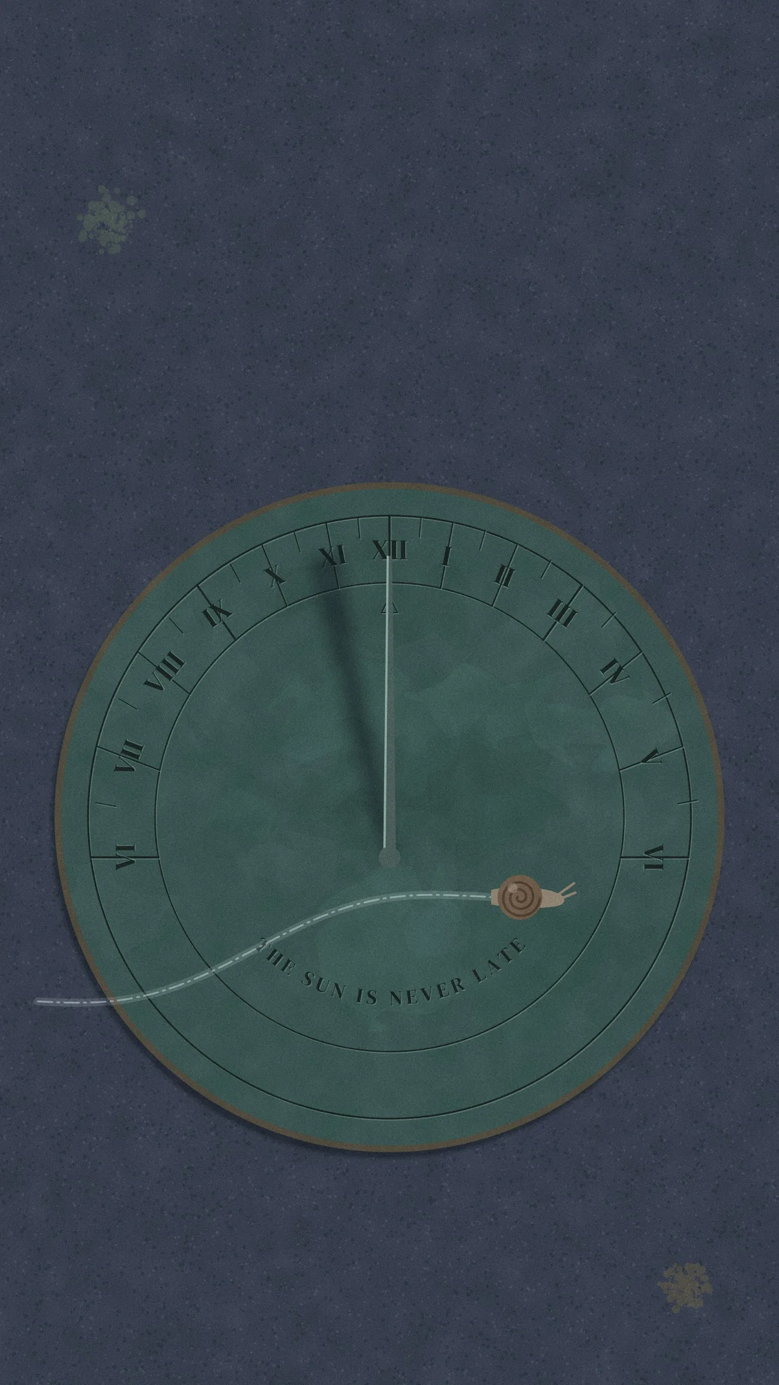 Sundial (Dark): The same sundial by moonlight: a faint soft shadow, and a snail has left a silvery trail across the plate. Recomposed for phone, with a calm area at the top for the clock.