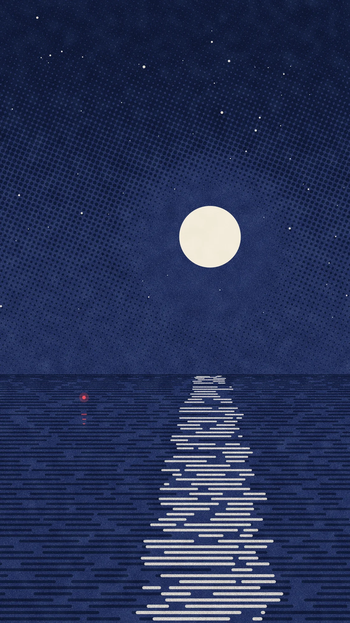 Riso Tide (Dark): The same seascape at night, flooded with blue ink: the moon, its path and the stars are left as bare paper, and the buoy shows a red light. Recomposed for phone, with a calm area at the top for the clock.