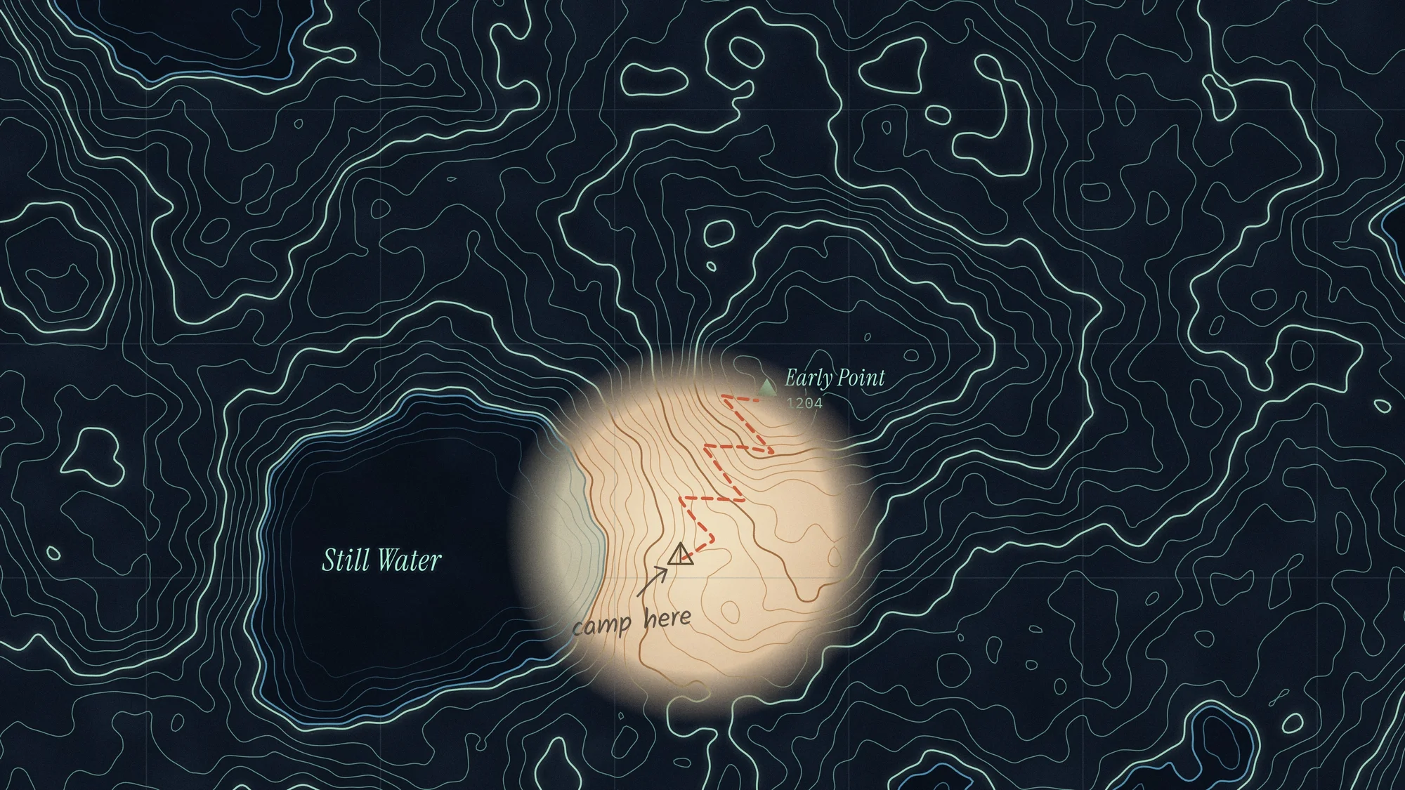 Night Map (Dark): The same map at night: the contours glow in luminous ink and a torch beam picks out the campsite, where someone has written "camp here".