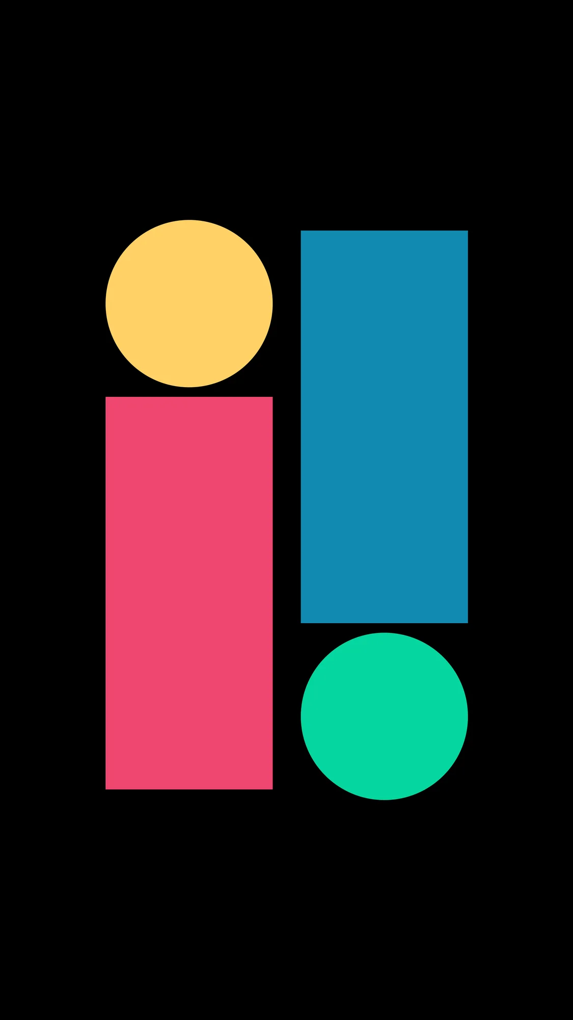 Exclamation: Two circles and two blocks spell a playful “i!” in a Bauhaus-inspired palette of coral, saffron, teal and mint on true black.
