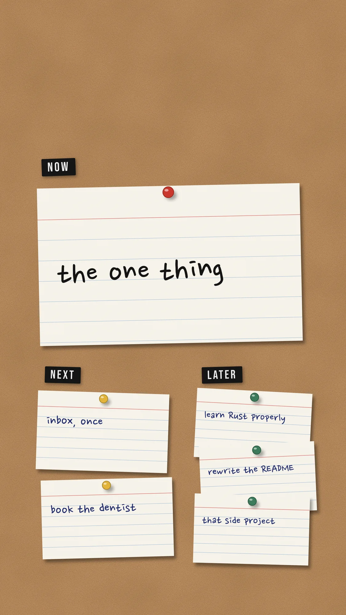 Now / Next / Later: A cork board for the phone: one big "the one thing" card under NOW, two cards in NEXT and a pile in LATER, each held by a push pin.