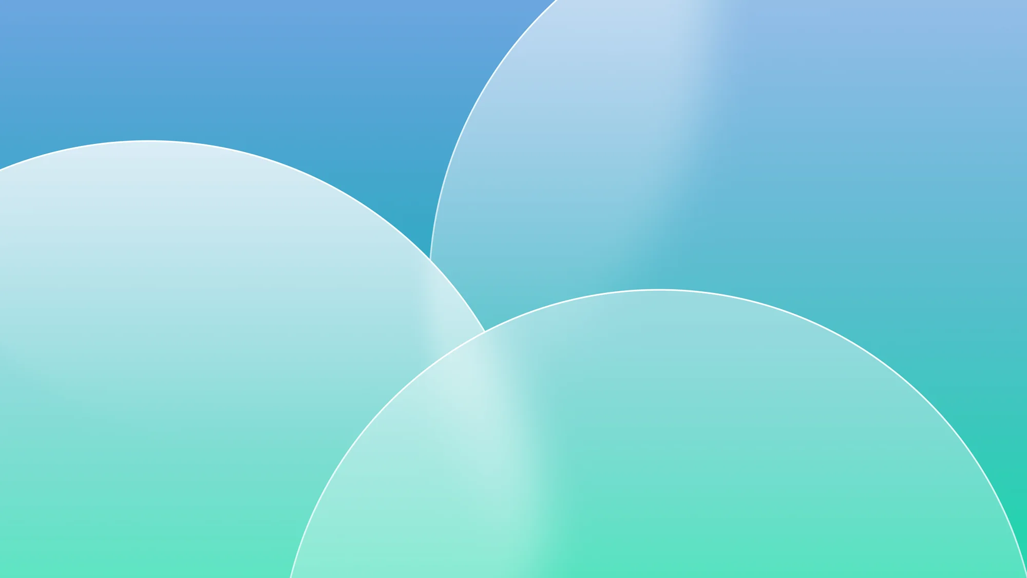 Glass Lagoon: Three frosted-glass discs overlap on a sky-to-seafoam gradient, each catching a thin streak of light along its rim.