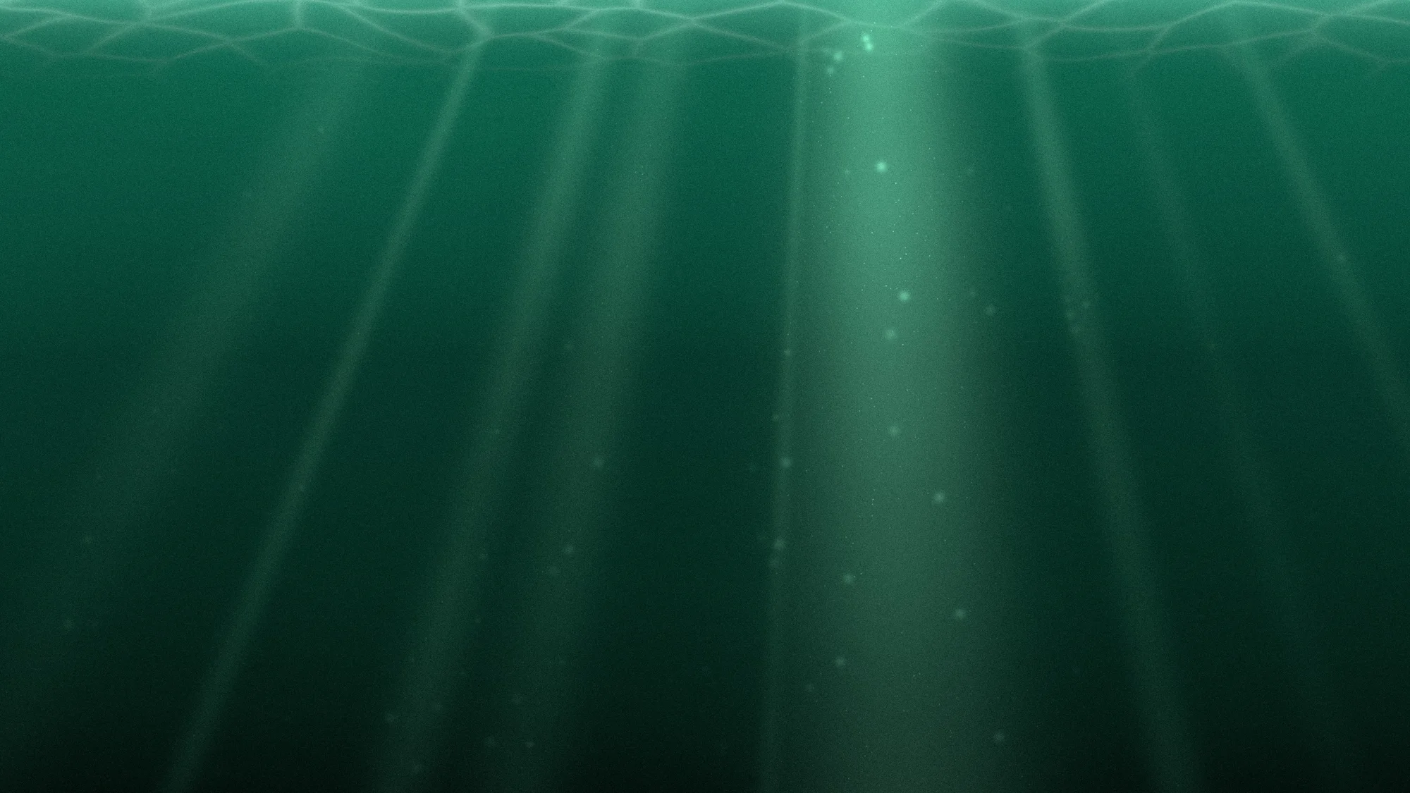 Emerald Depths: Underwater light: irregular sun shafts fall through emerald water from a rippling caustic surface, one broad shaft brightest, with suspended specks catching the light. Finished with film grain.