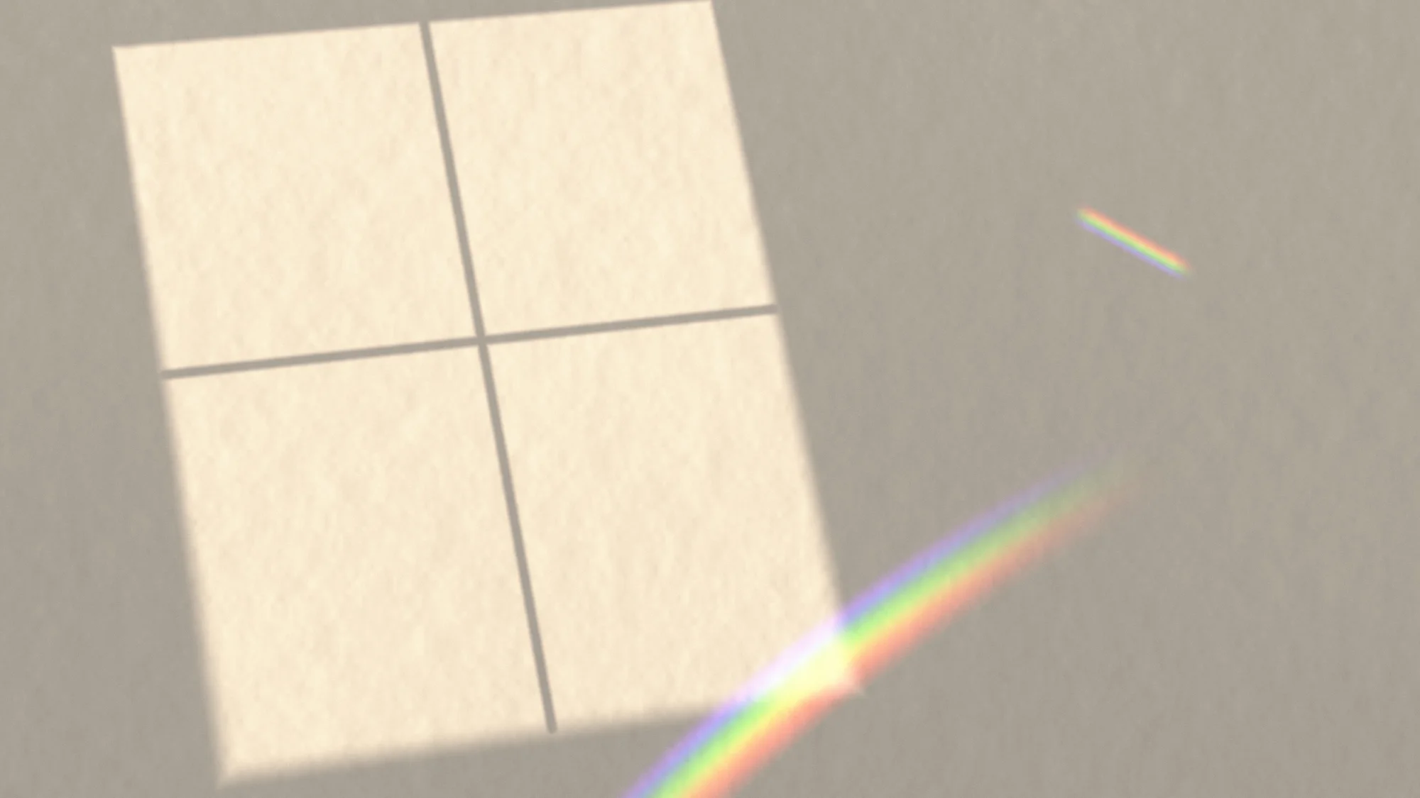 Prism Bloom: Late sun through a four-pane window lands on a plaster wall, and a crystal on the sill throws a spectrum band and a small rainbow fleck into the shade beside it.