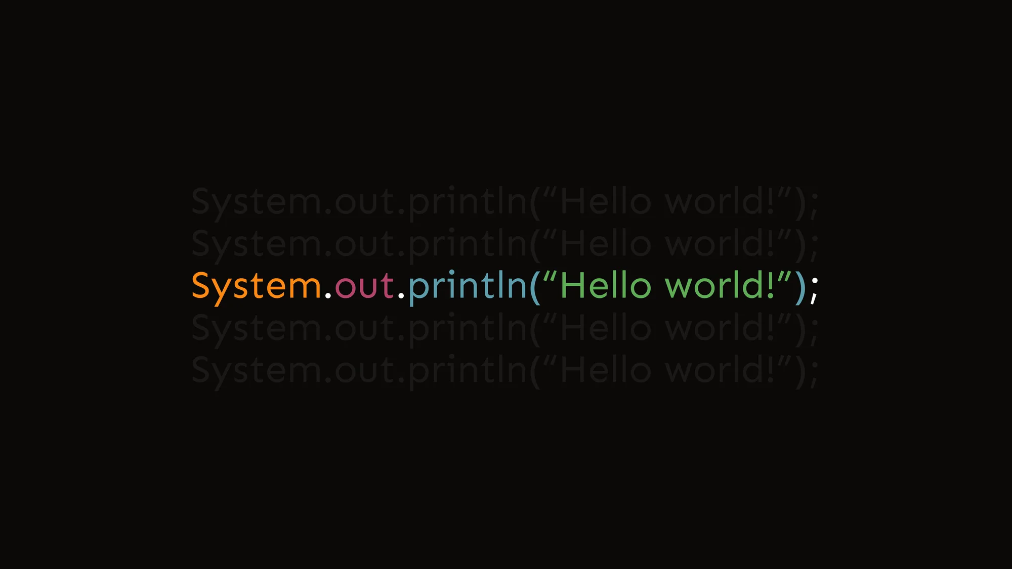 Hello, World: Every programmer’s first line, syntax-highlighted and echoed into the dark like scrolling terminal history.