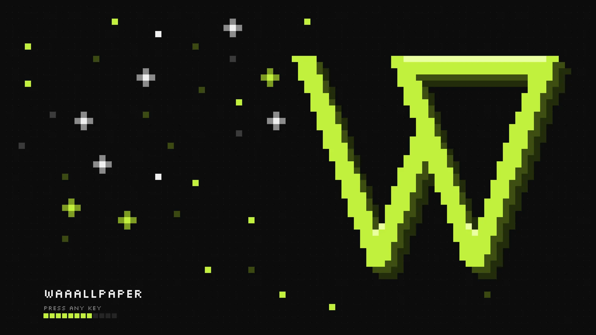 8-Bit W: The W rebuilt as an 8-bit sprite: chunky lime pixels with highlight and shade steps, a drop shadow and a pixel starfield on near-black.