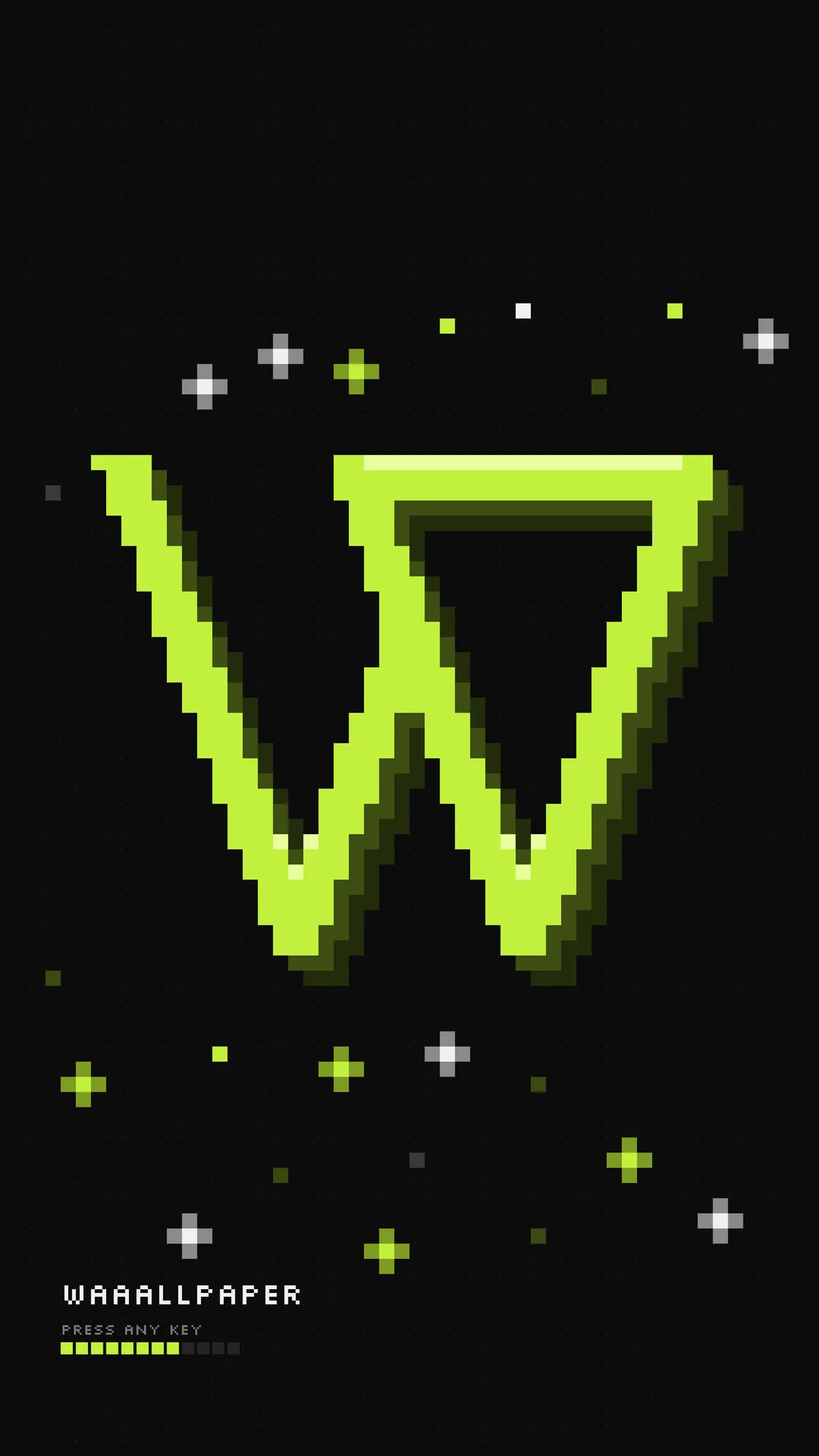 8-Bit W: A tall 8-bit take on the Waaallpaper W, with a shaded lime pixel sprite, scattered pixel stars and a small loading bar.