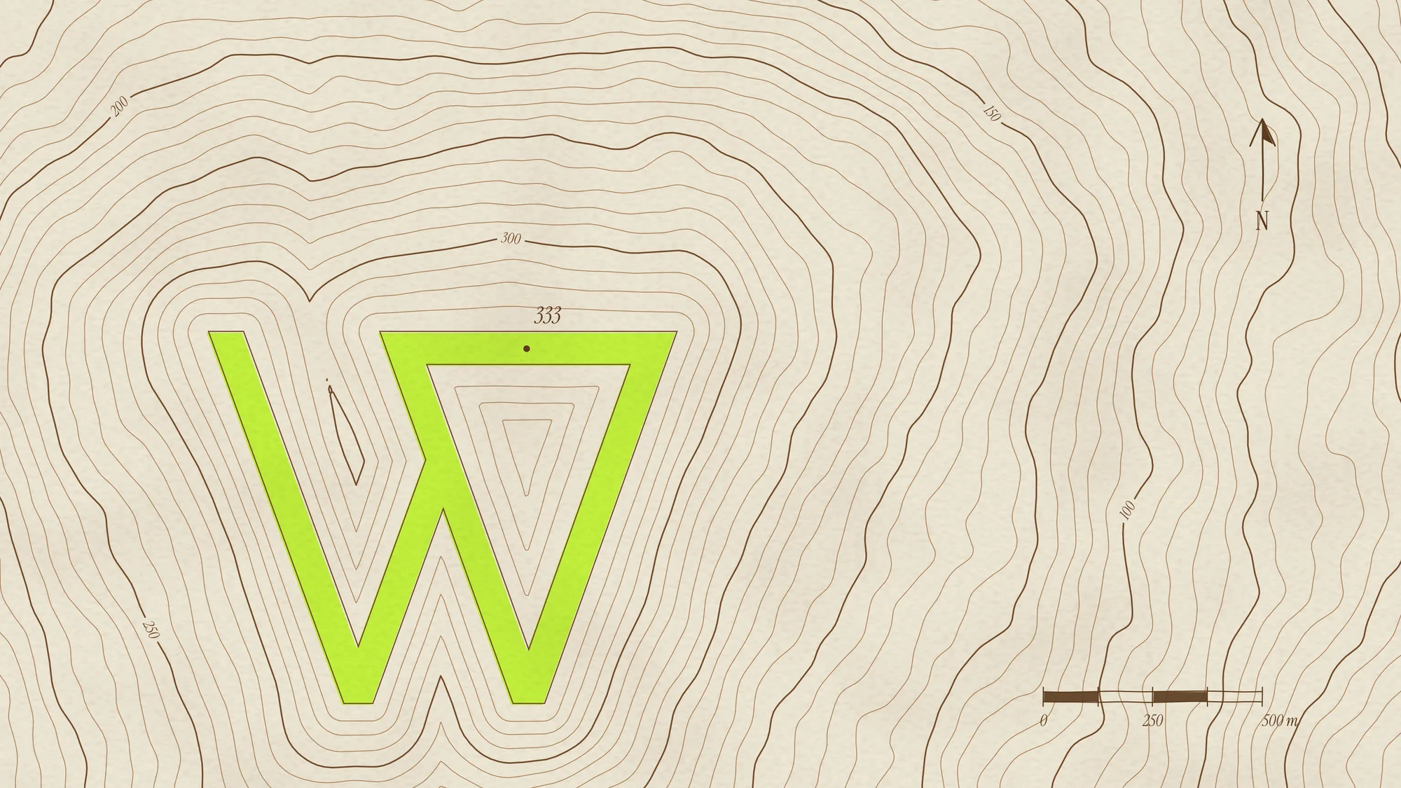 Contour W: A printed survey map where brown contour lines, labelled every 50, climb to a summit shaped like the W, printed in a single lime spot colour with a 333 spot height, a hand-drawn north arrow and a scale bar.