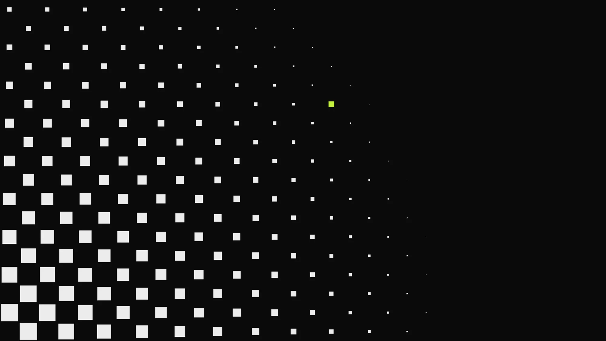 Checker Dissolve: A checkerboard rises from the lower-left corner and dissolves into ever-smaller squares across near-black, ending in one lime square.