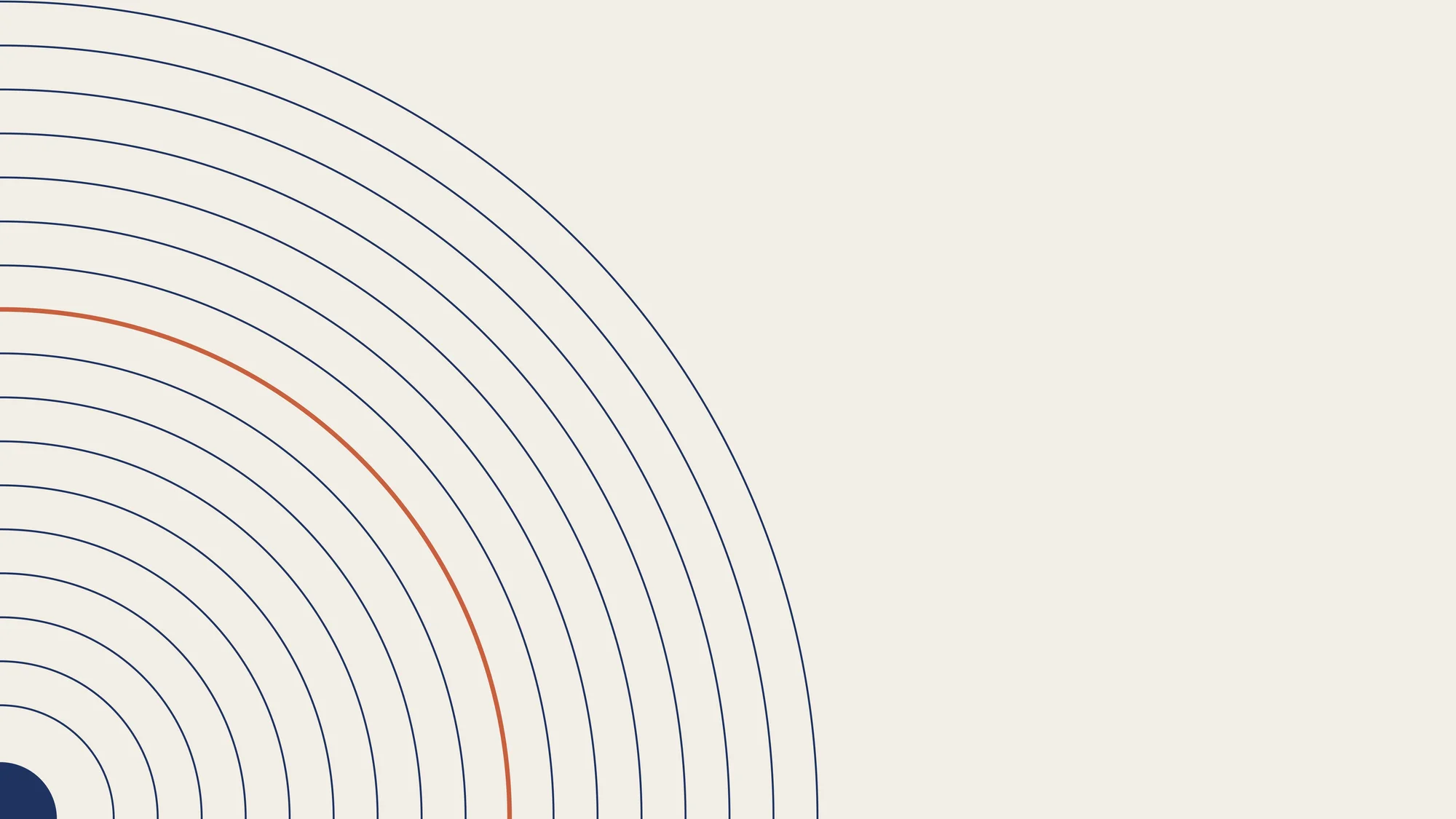 Corner Ripple: Fine deep-blue arcs ripple outward from the lower-left corner across warm paper, with one terracotta ring breaking the rhythm.