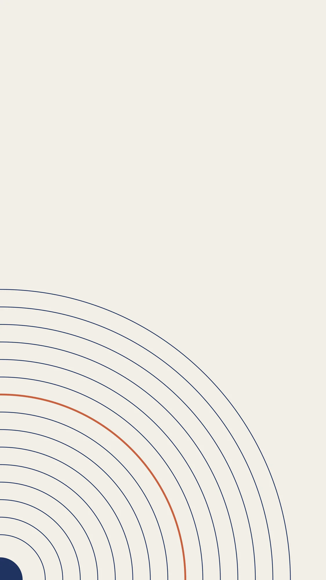 Corner Ripple: Concentric deep-blue arcs spread up from the bottom-left corner of the phone screen, one of them picked out in terracotta.