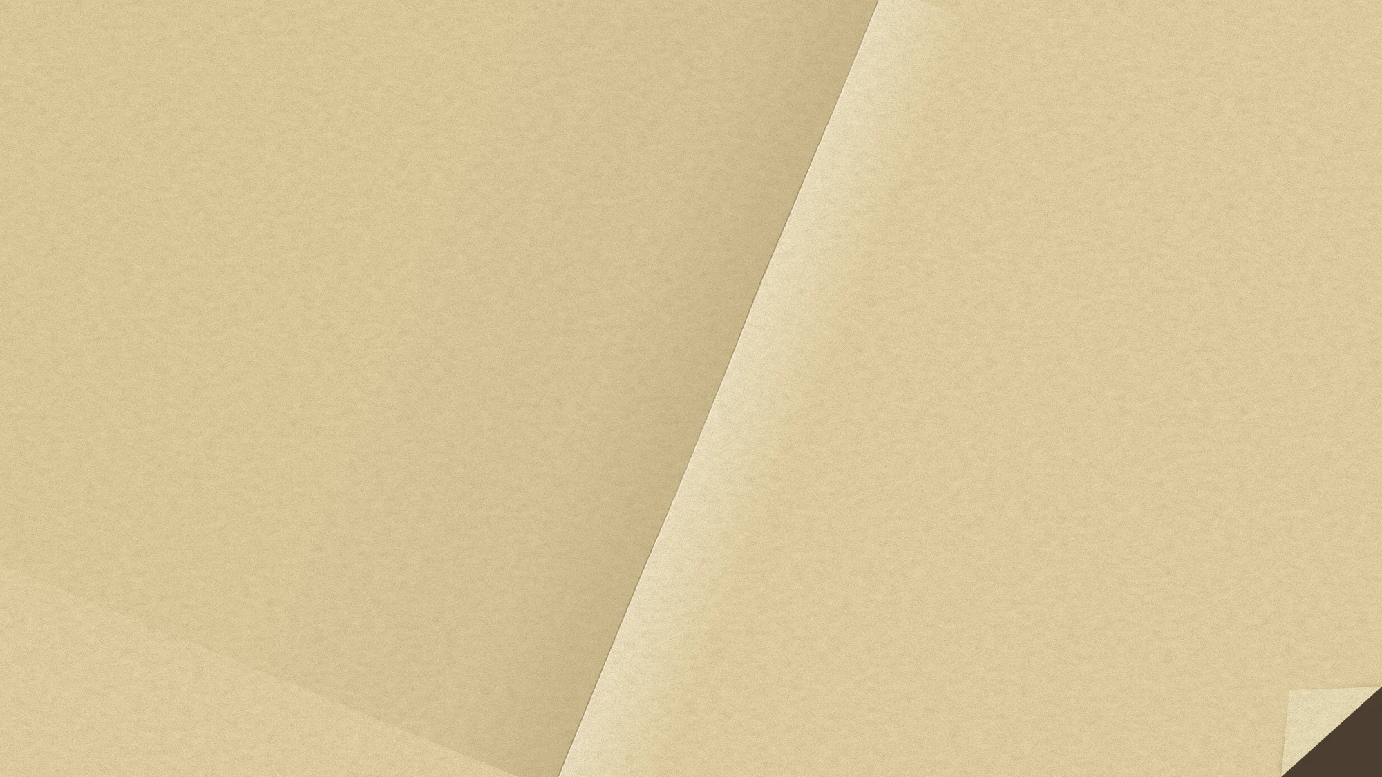 Crease: A sheet of manila paper that was folded once and opened again: a slightly crooked diagonal crease, one half catching the light and the other in soft shade, with a dog-eared corner.