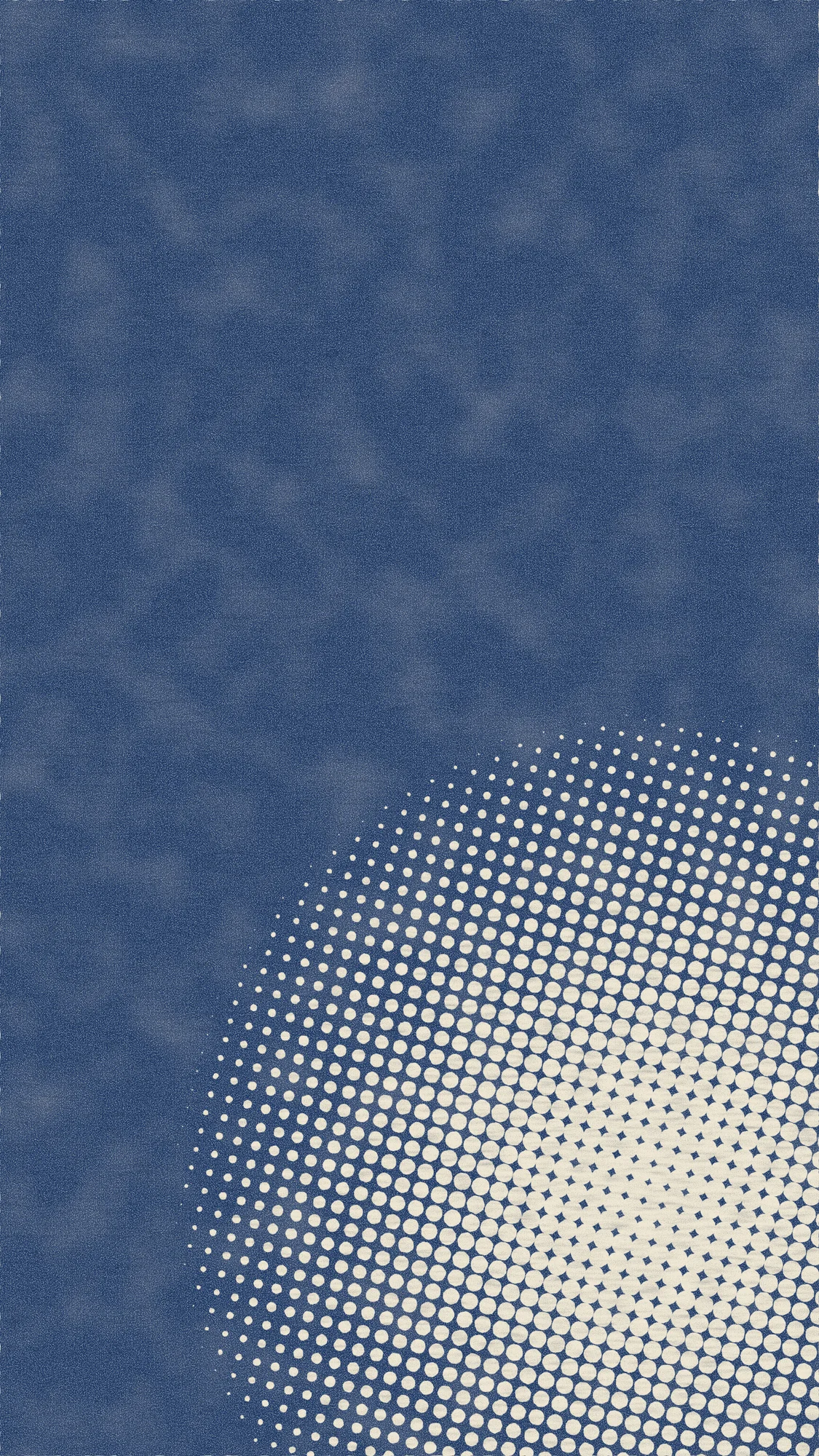 Halftone Sun: A cropped halftone sun rises from the lower-right corner of a deep-blue printed sheet, its dots swelling and merging the way real ink does on paper.