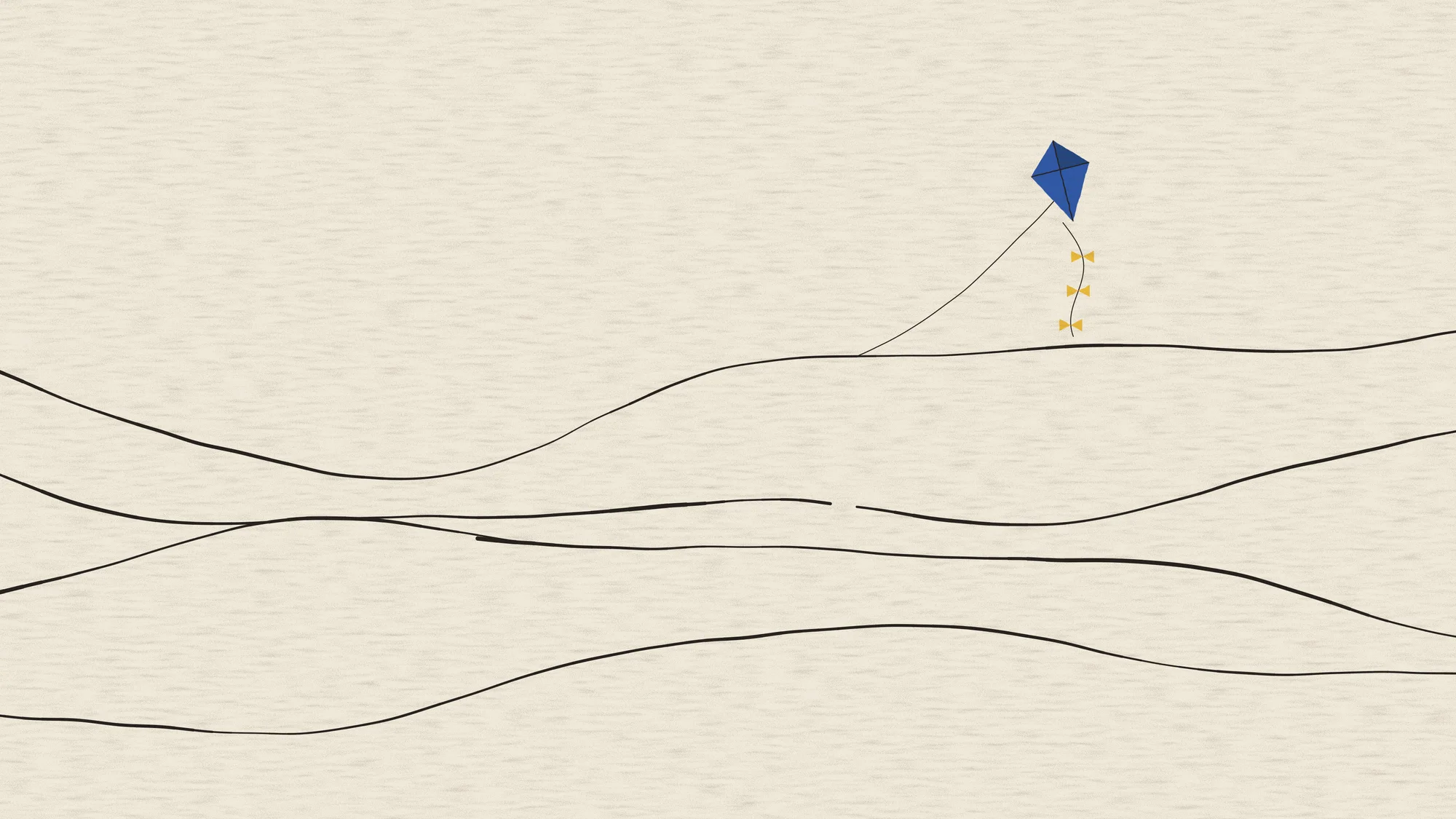 Line Hills: Rolling hills drawn in dip-pen ink on cream paper, with the line swelling and thinning, one lifted-pen gap and one overlap. A small blue kite flies above, its string disappearing behind the far hill.