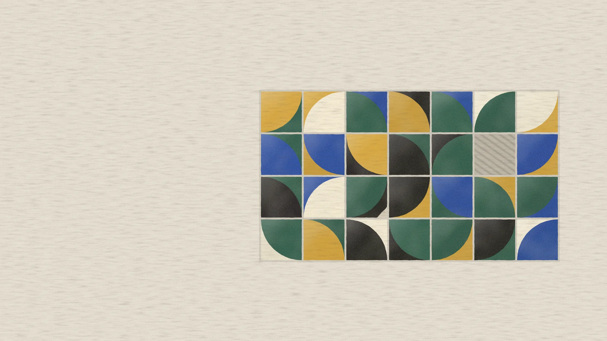 Quarter Tiles: A panel of hand-glazed quarter-circle tiles in cobalt, mustard, bottle green, ink and cream, set with grout on a plaster wall. One tile has a chipped corner, and one is missing, leaving the combed adhesive bare.
