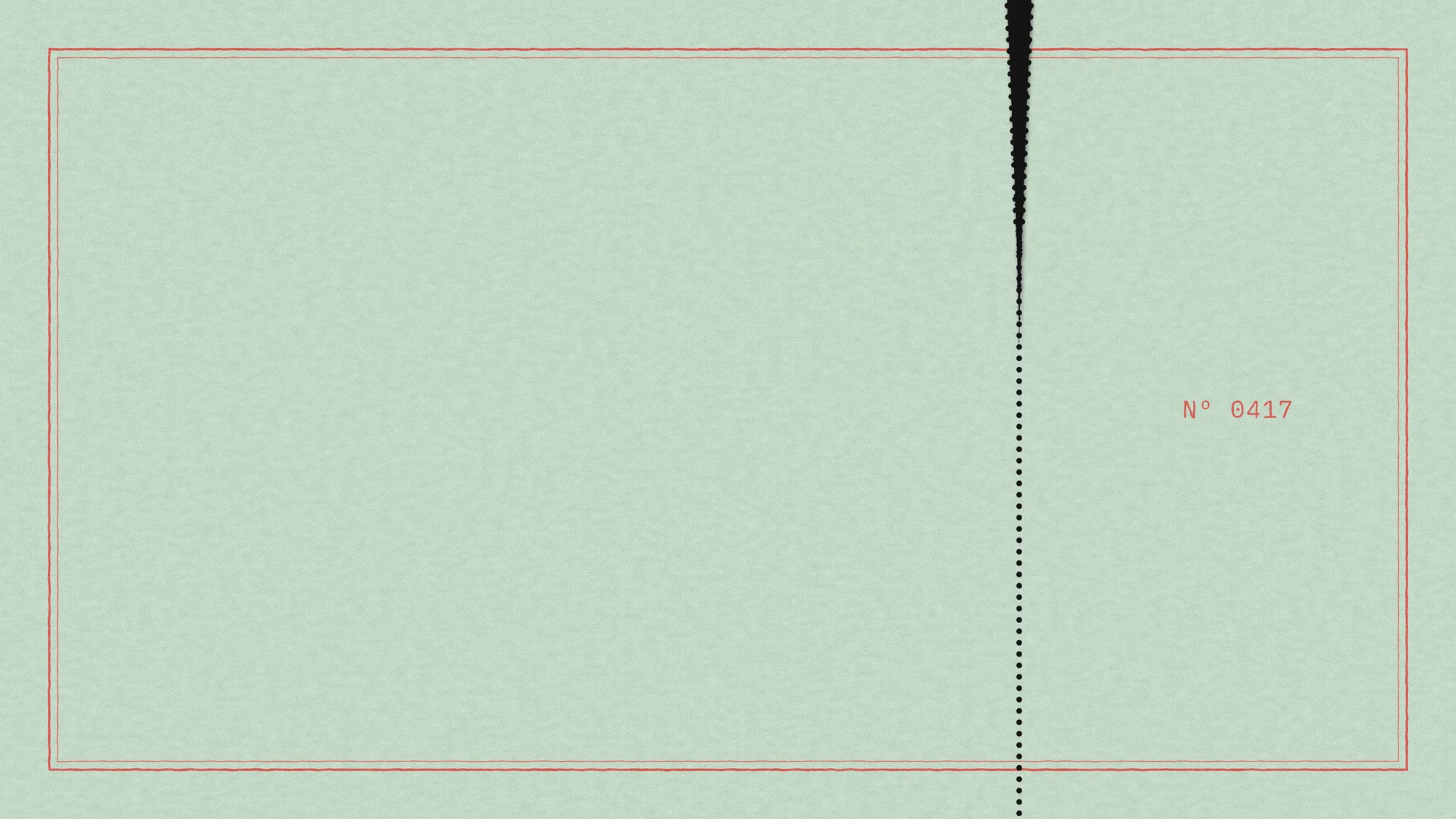 Tear Here: A mint ticket card with a printed red border and serial number, half torn along its perforation: the top of the tear has opened into a dark wedge while the lower holes are still intact.