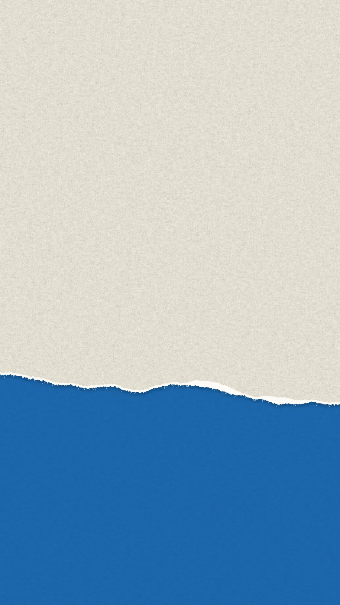 Torn: Cream paper torn on a gentle diagonal across the lower part of the phone screen, revealing riso blue beneath a fuzzy white edge.