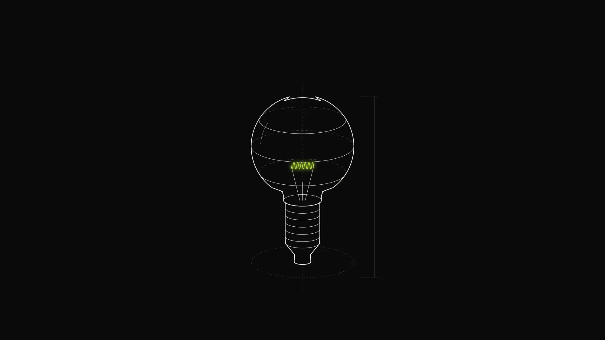 Light Bulb Outline: A light bulb with threaded screw base, glass envelope and a glowing lime filament.