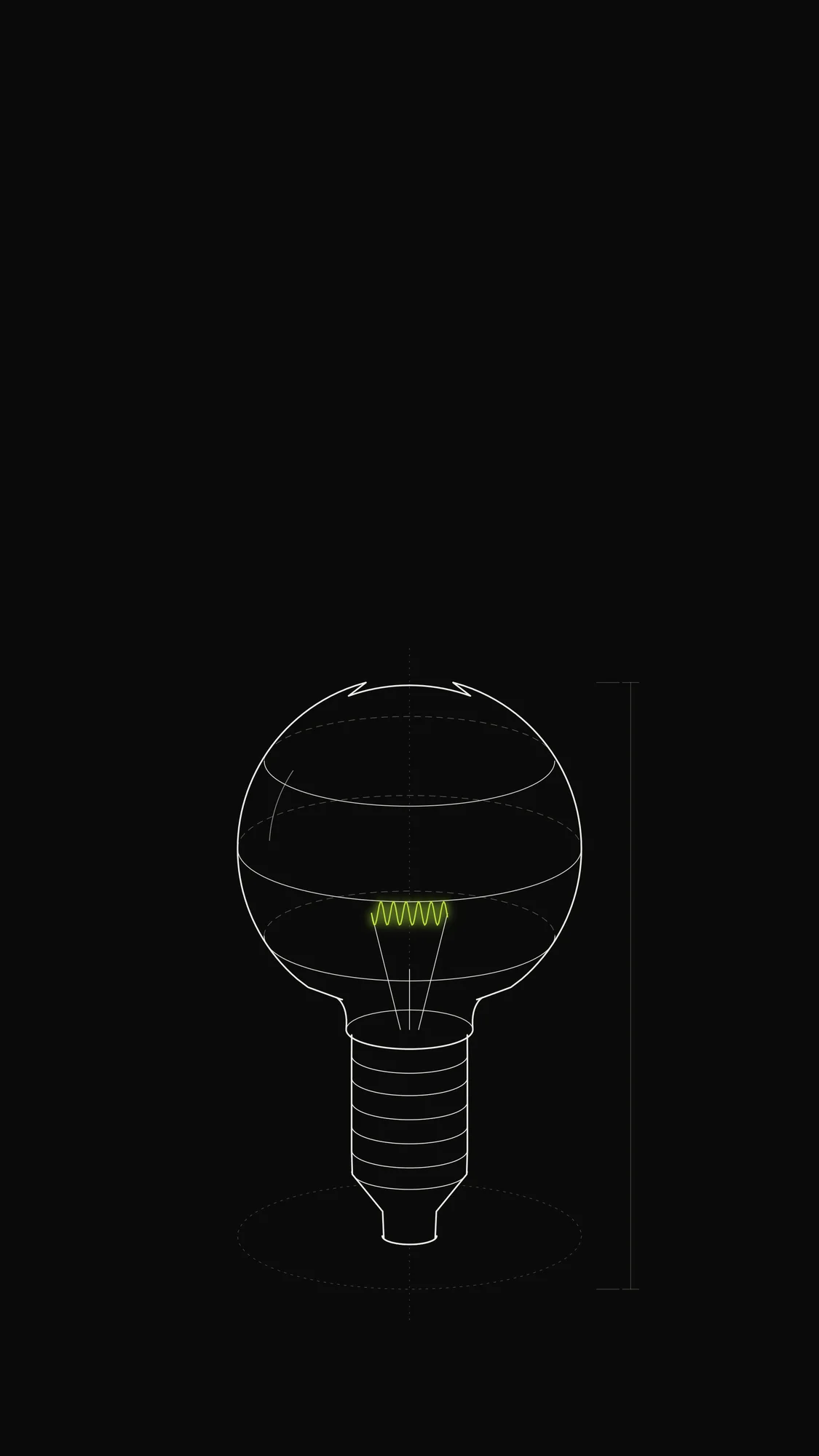 Light Bulb Outline: A light bulb with threaded screw base, glass envelope and a glowing lime filament.
