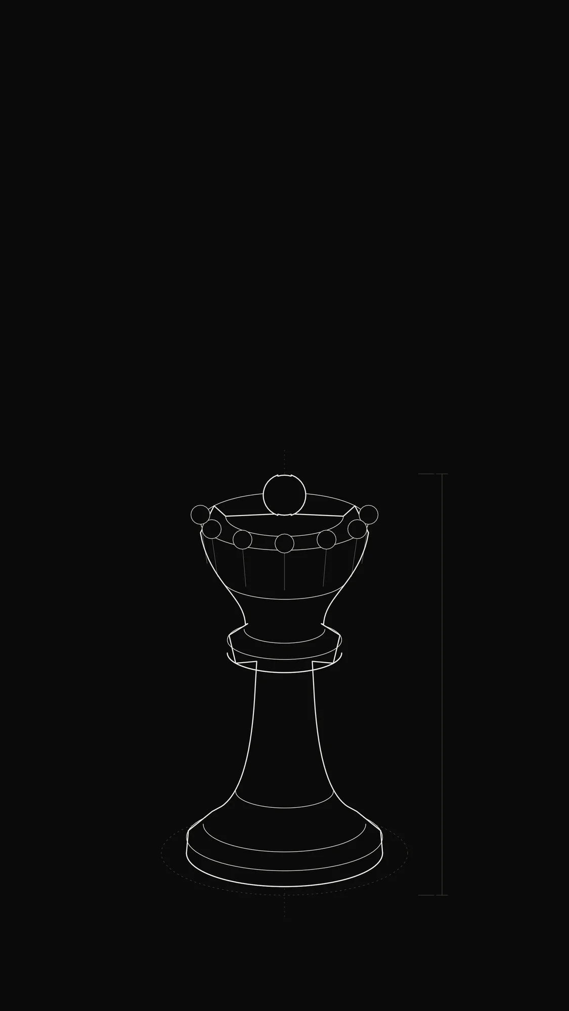 Chess Queen Outline: A chess queen with a beaded coronet, slender waist and ball finial in outline.