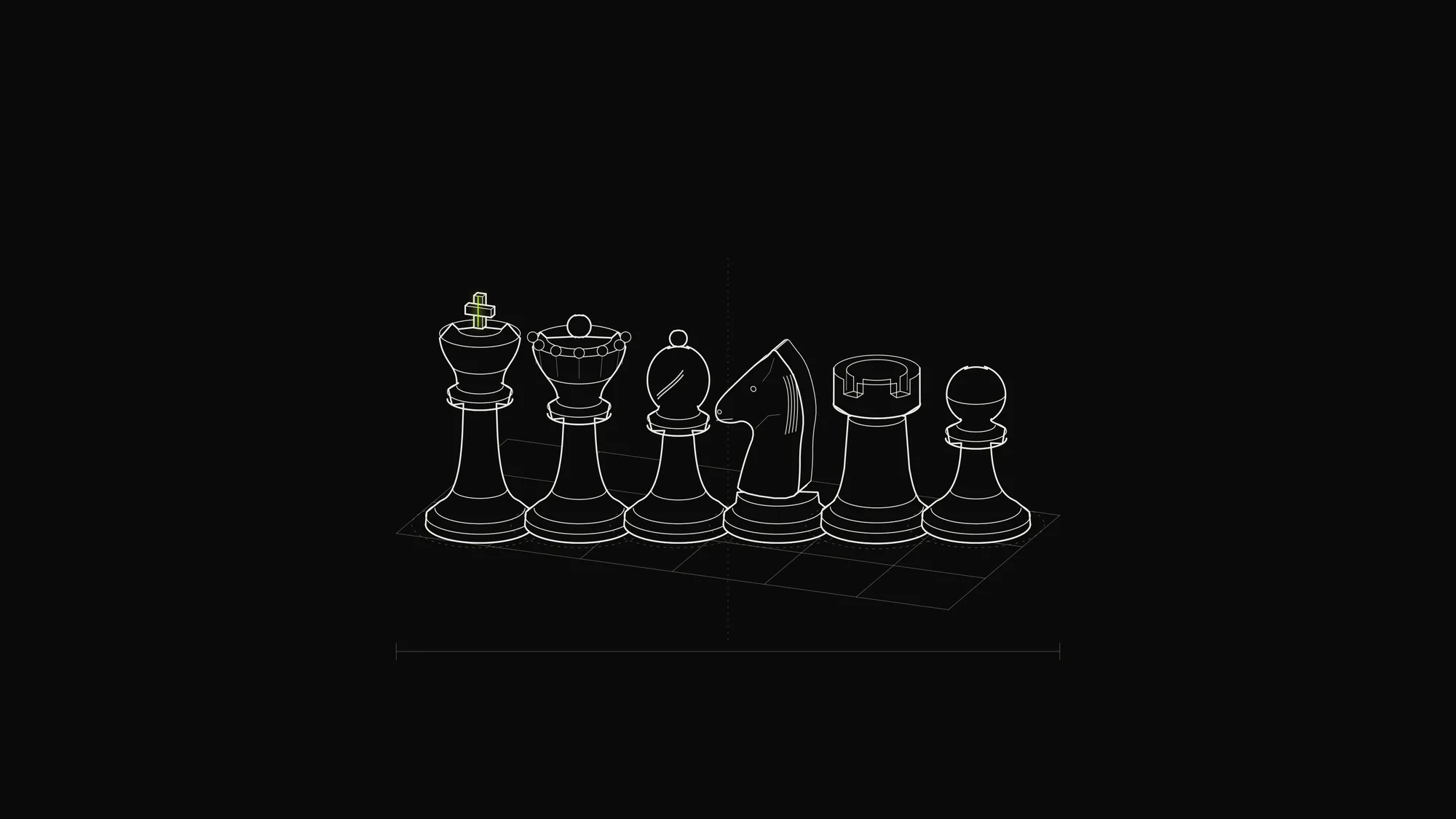 Chess Set Outline: All six chess pieces lined up on a faint perspective board grid in technical outline.